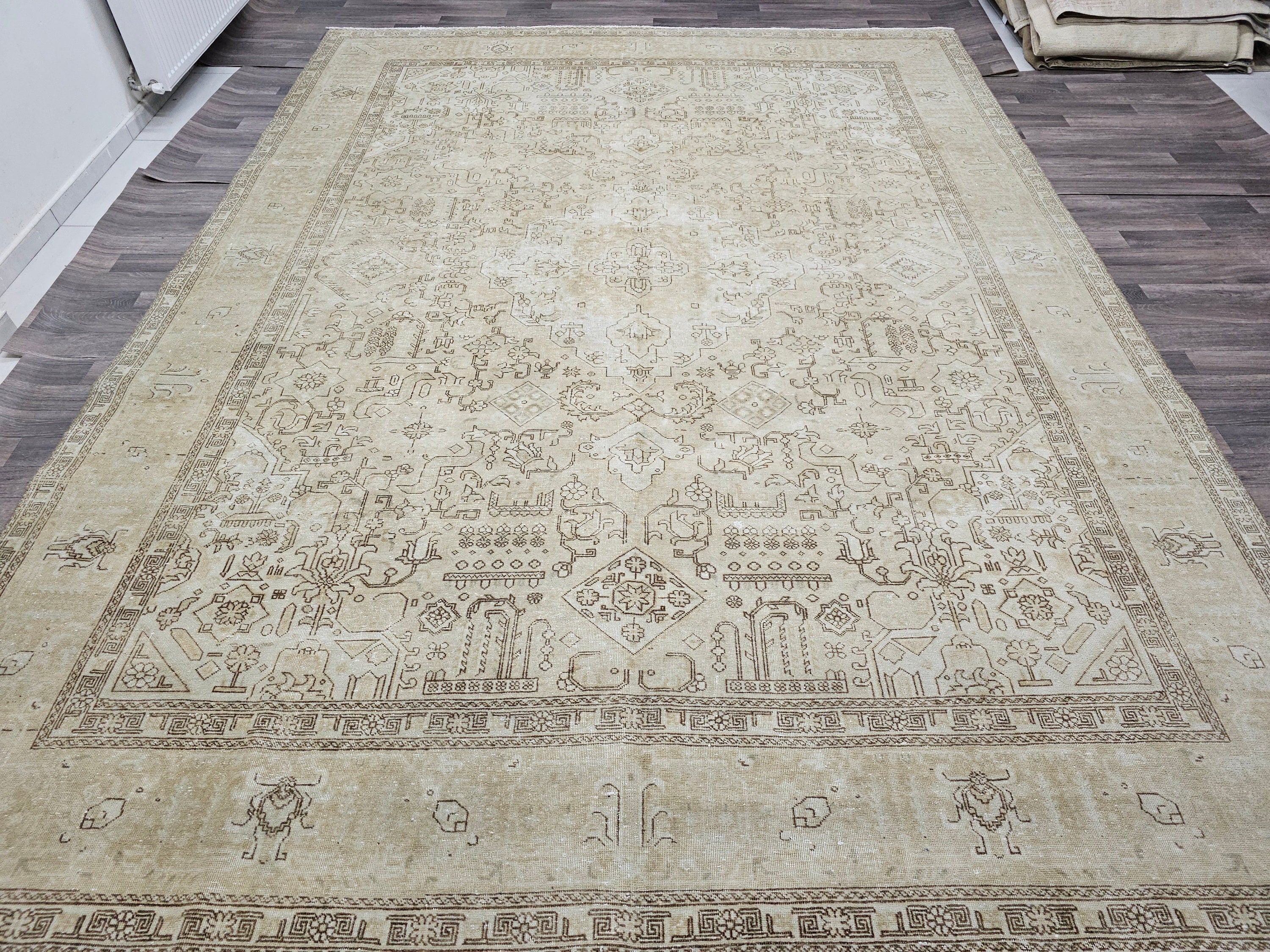 Cream Oushak Rug: 10x12 Vintage Turkish Wool Rug, Neutral Scandinavian Decor