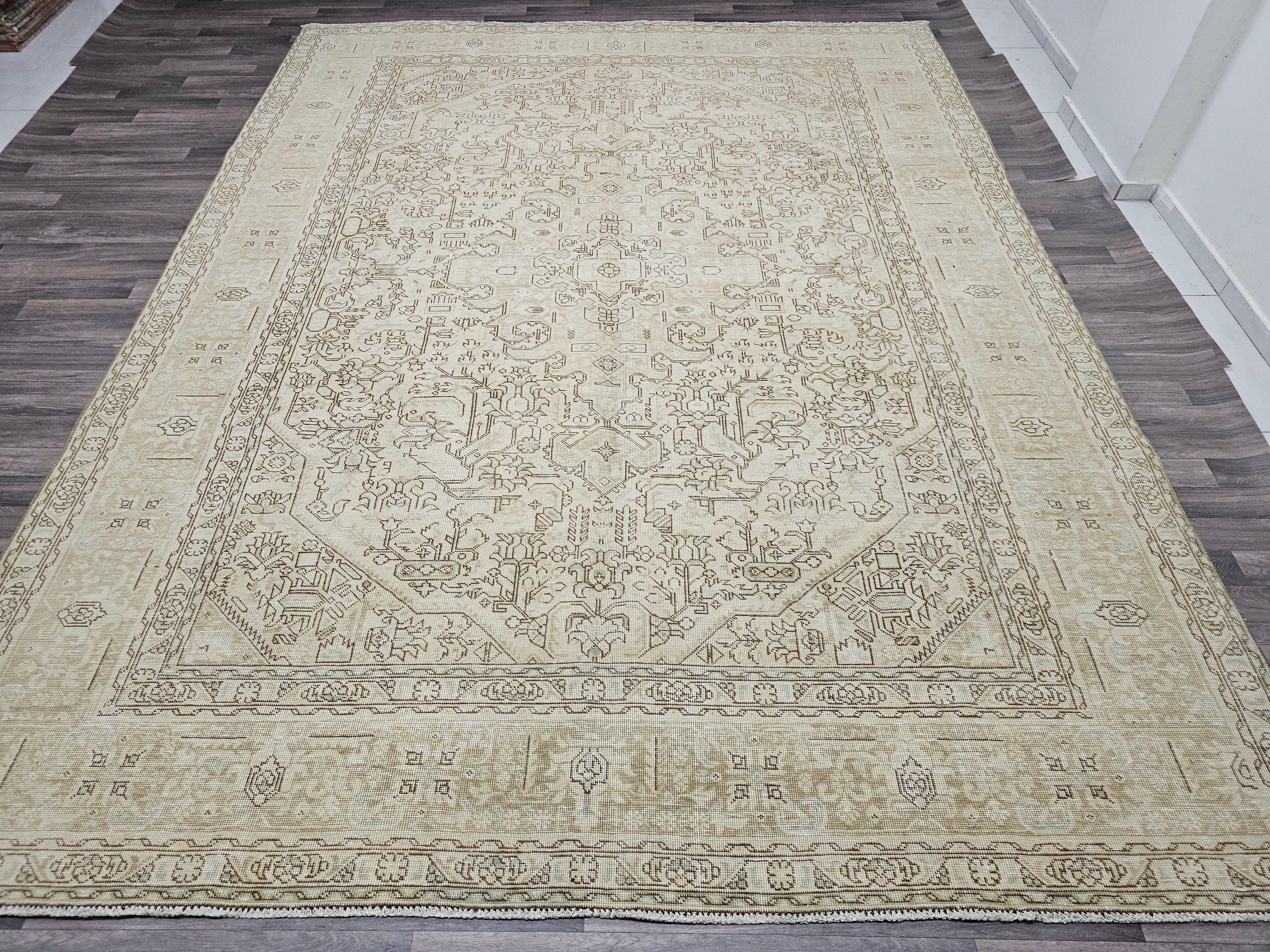 Oversize Hand Knotted Wool Rug: 9.60x12.60 ft. Vintage Turkish Geometric Carpet