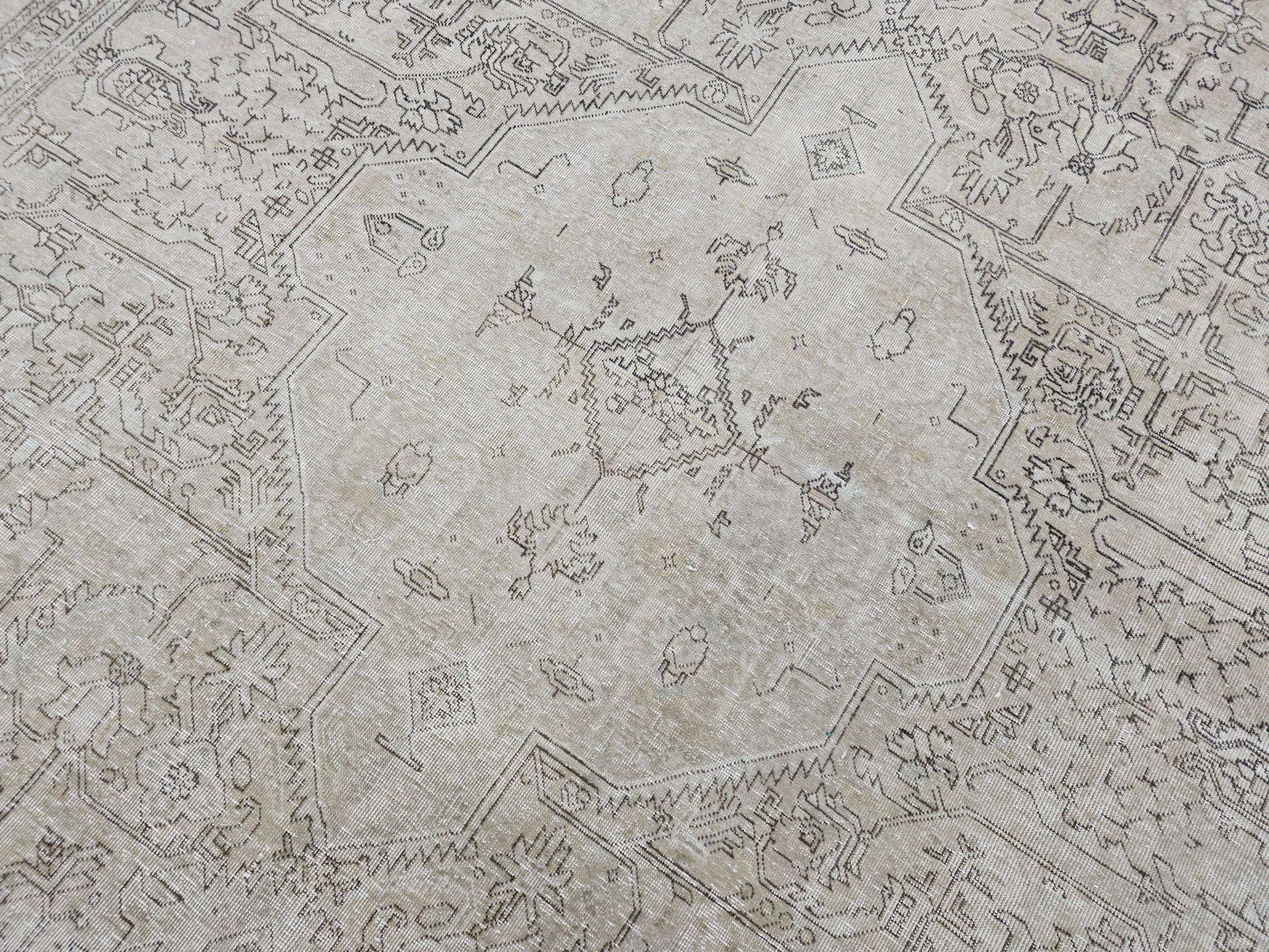 Vintage Hand Knotted Wool Heriz Rug: 10x12 Neutral Oriental Carpet