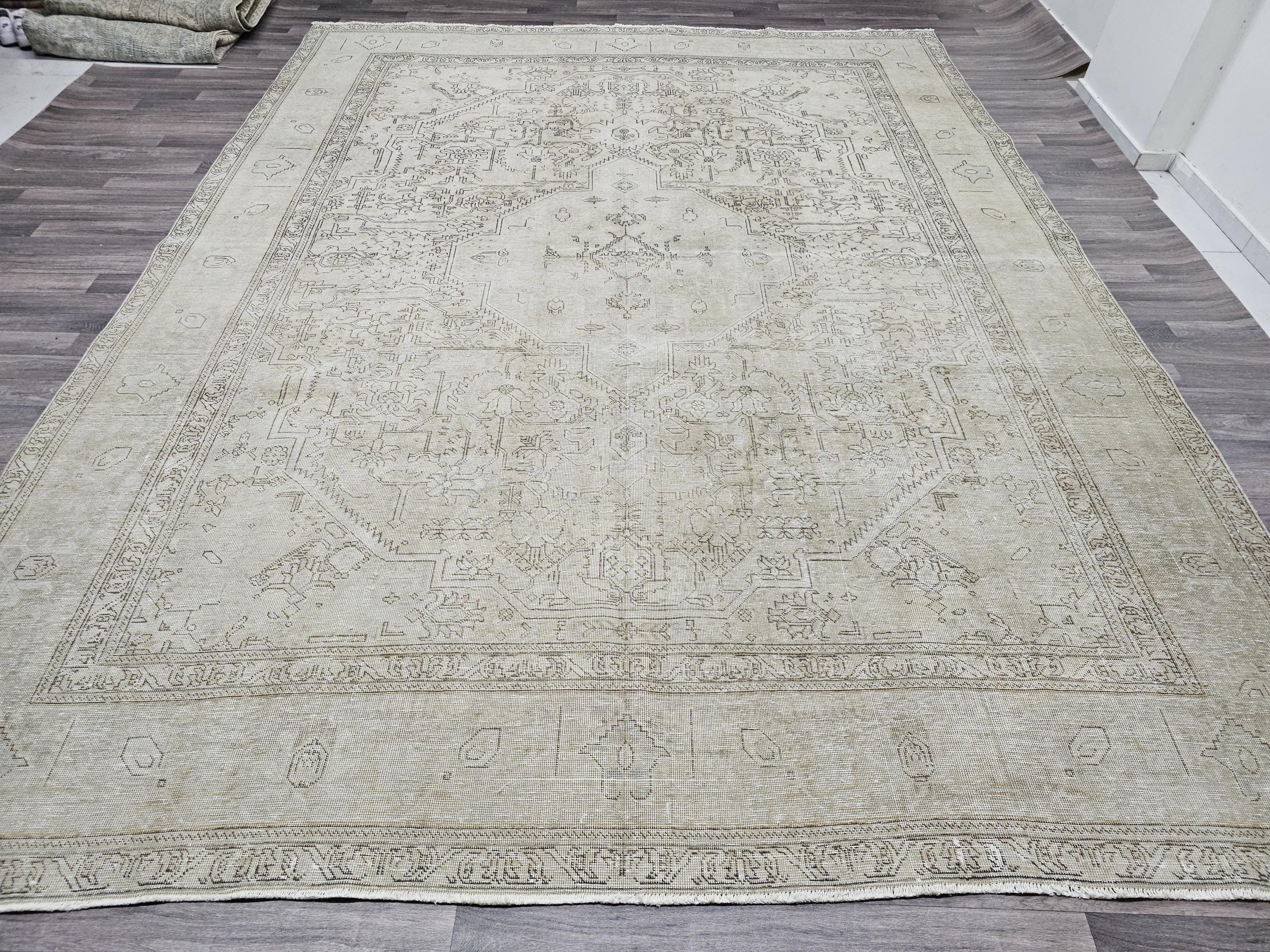 Vintage Hand Knotted Wool Heriz Rug: 10x12 Neutral Oriental Carpet