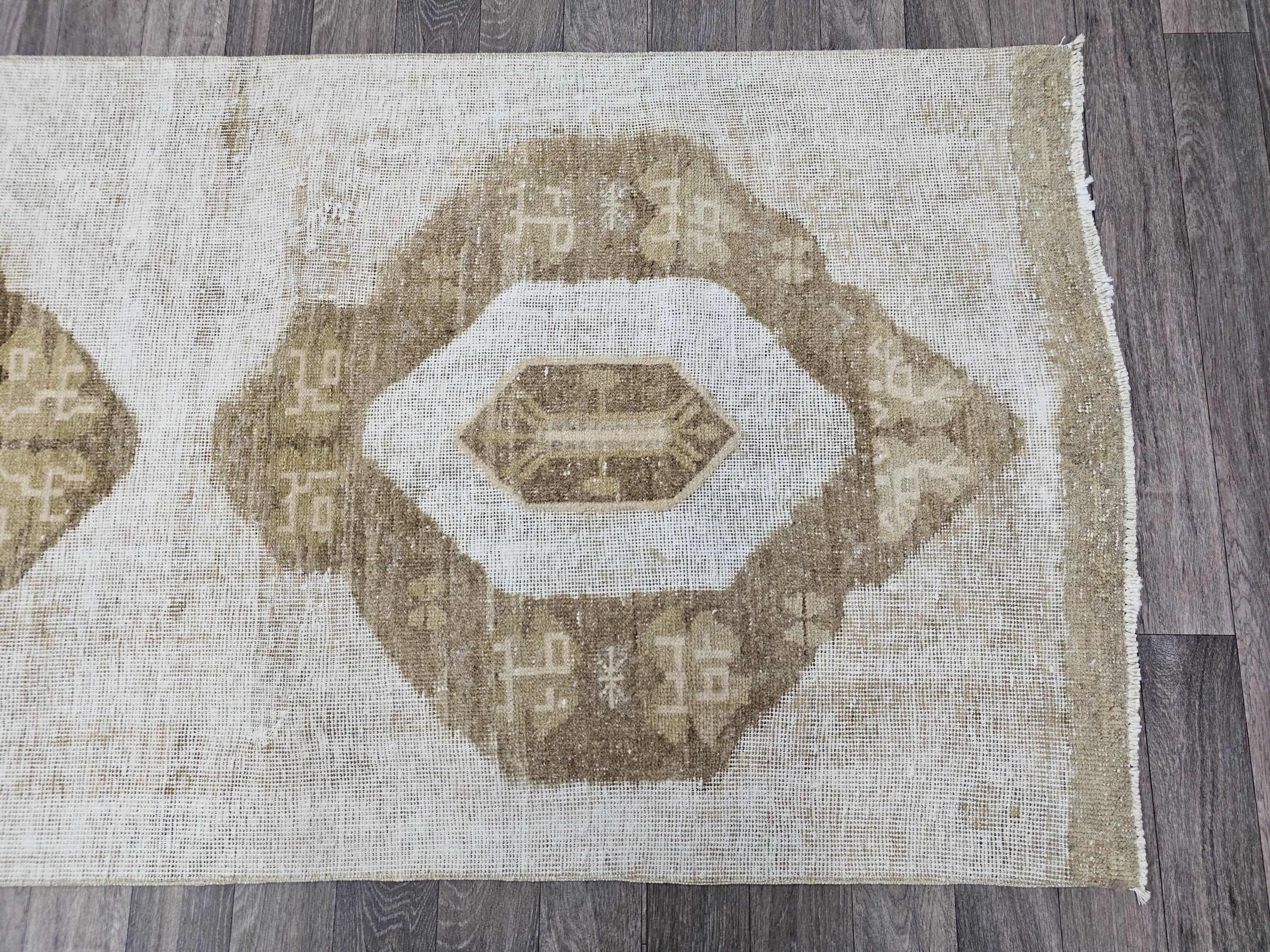 Oushak Runner 3x13 feet - Vintage Neutral Turkish Runner Rug for Kitchen and Hallway