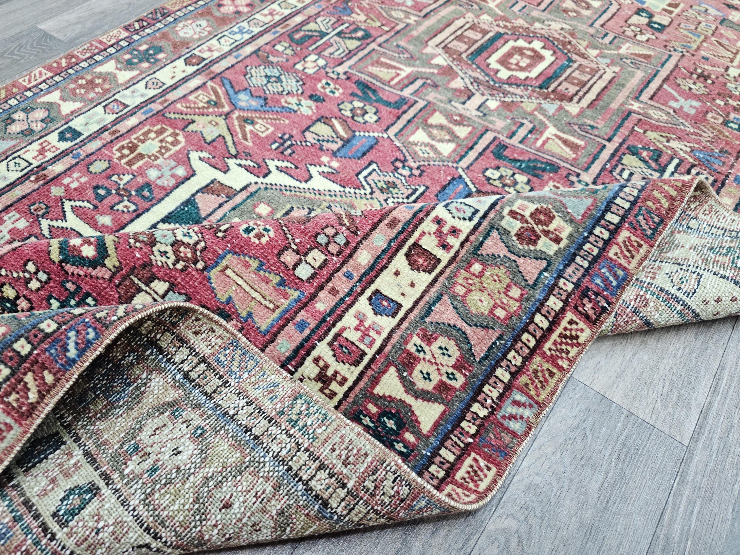 Vintage Heriz Wool Runner Rug: 3.5x13 Pastel Rustic Decor