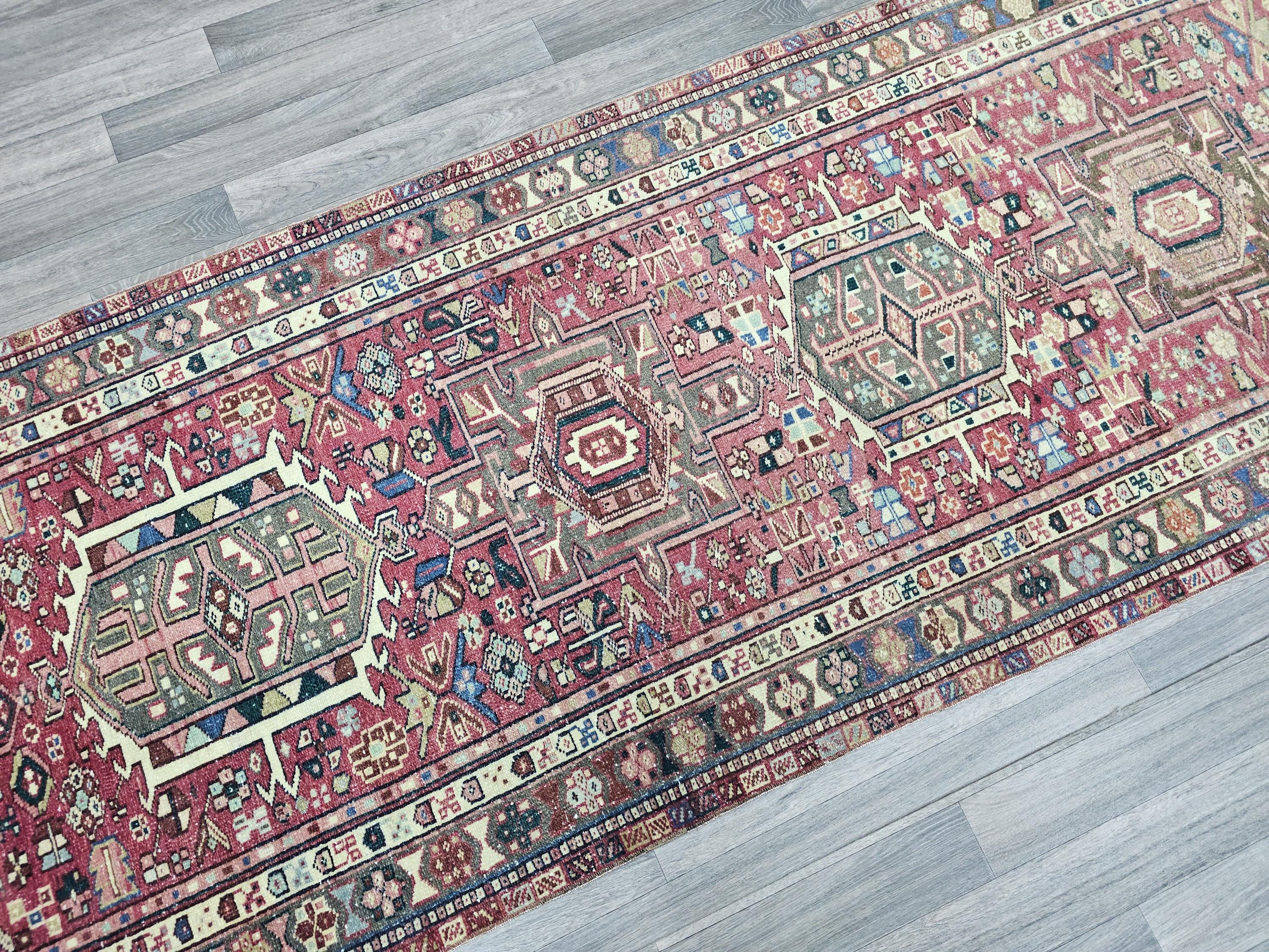 Vintage Heriz Wool Runner Rug: 3.5x13 Pastel Rustic Decor