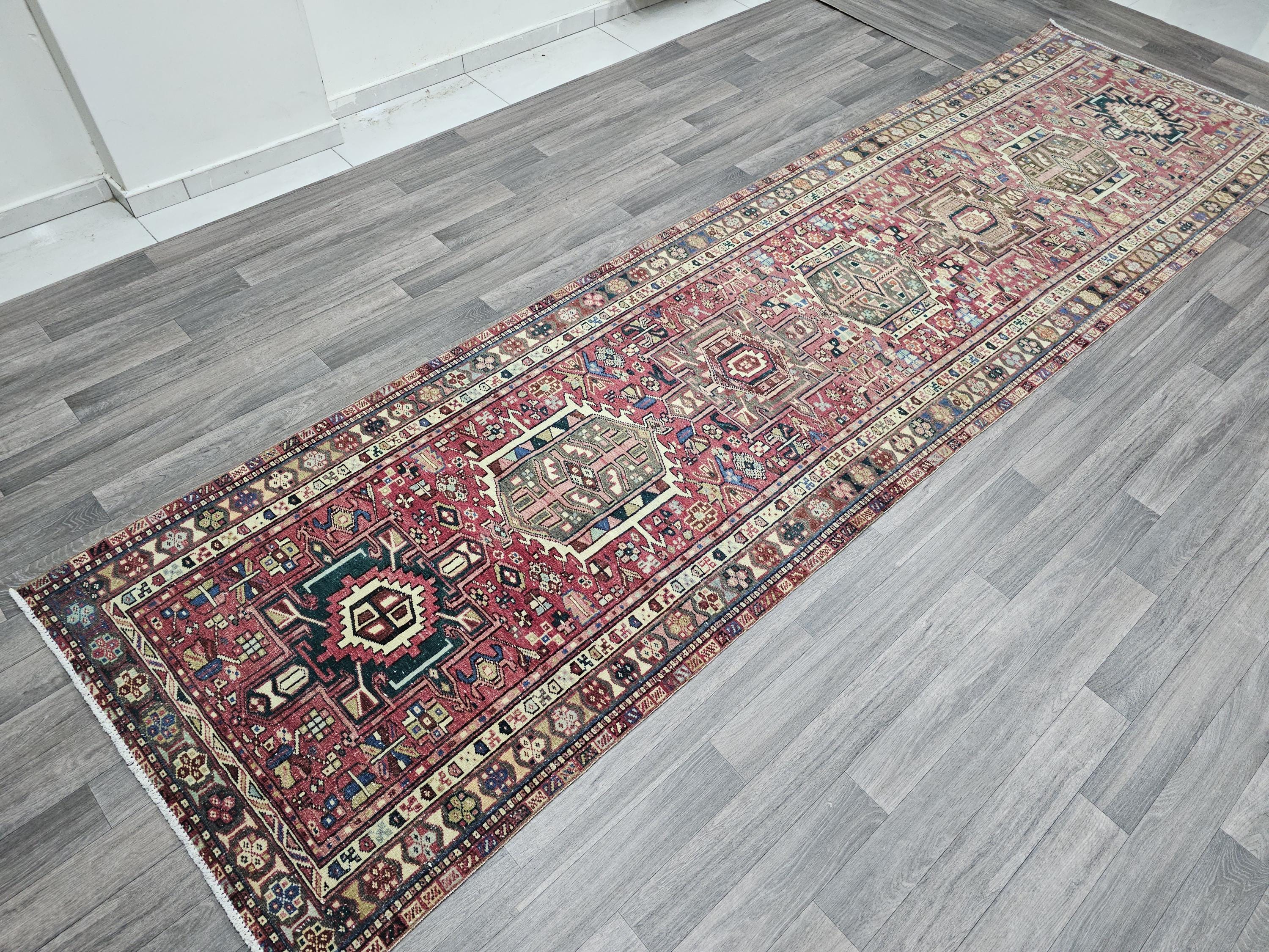 Vintage Heriz Wool Runner Rug: 3.5x13 Pastel Rustic Decor