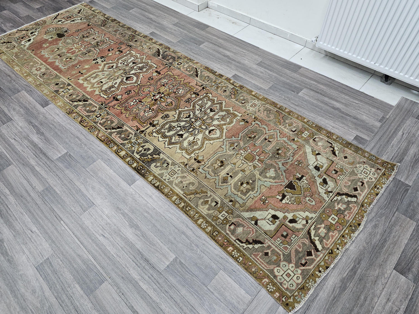 Wide Antique Oushak Runner: Geometric Wool Turkish Rug (3.5x11 ft)