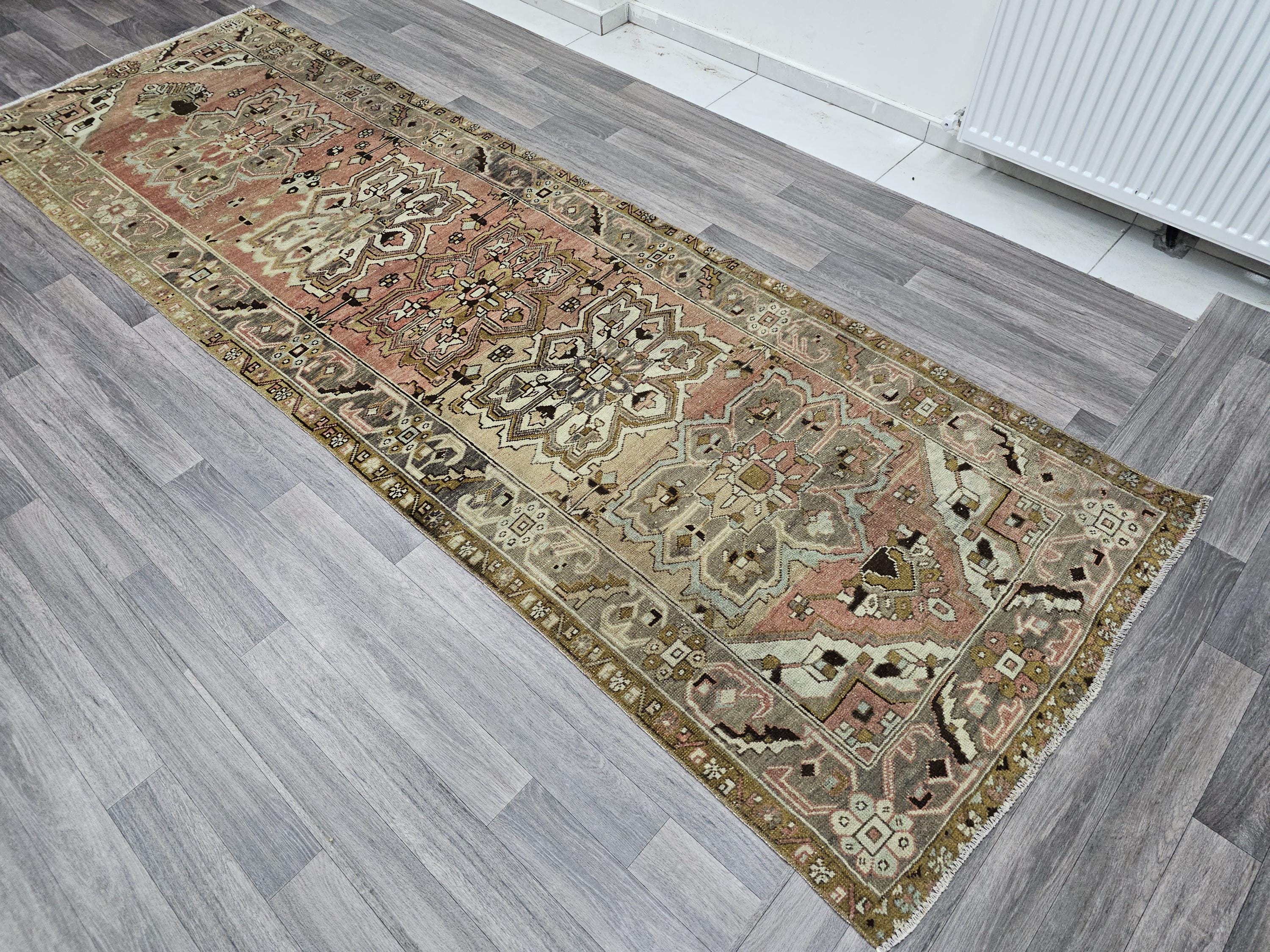 Wide Antique Oushak Runner: Geometric Wool Turkish Rug (3.5x11 ft)