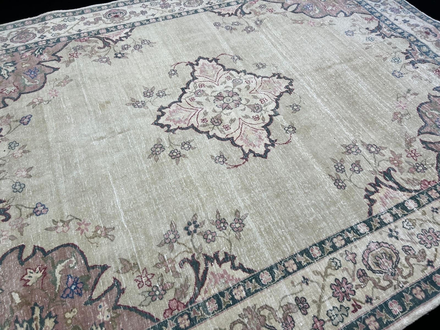 9x12 Vintage Turkish Oushak Rug: Neutral Faded Carpet (8.7x11.7 ft)
