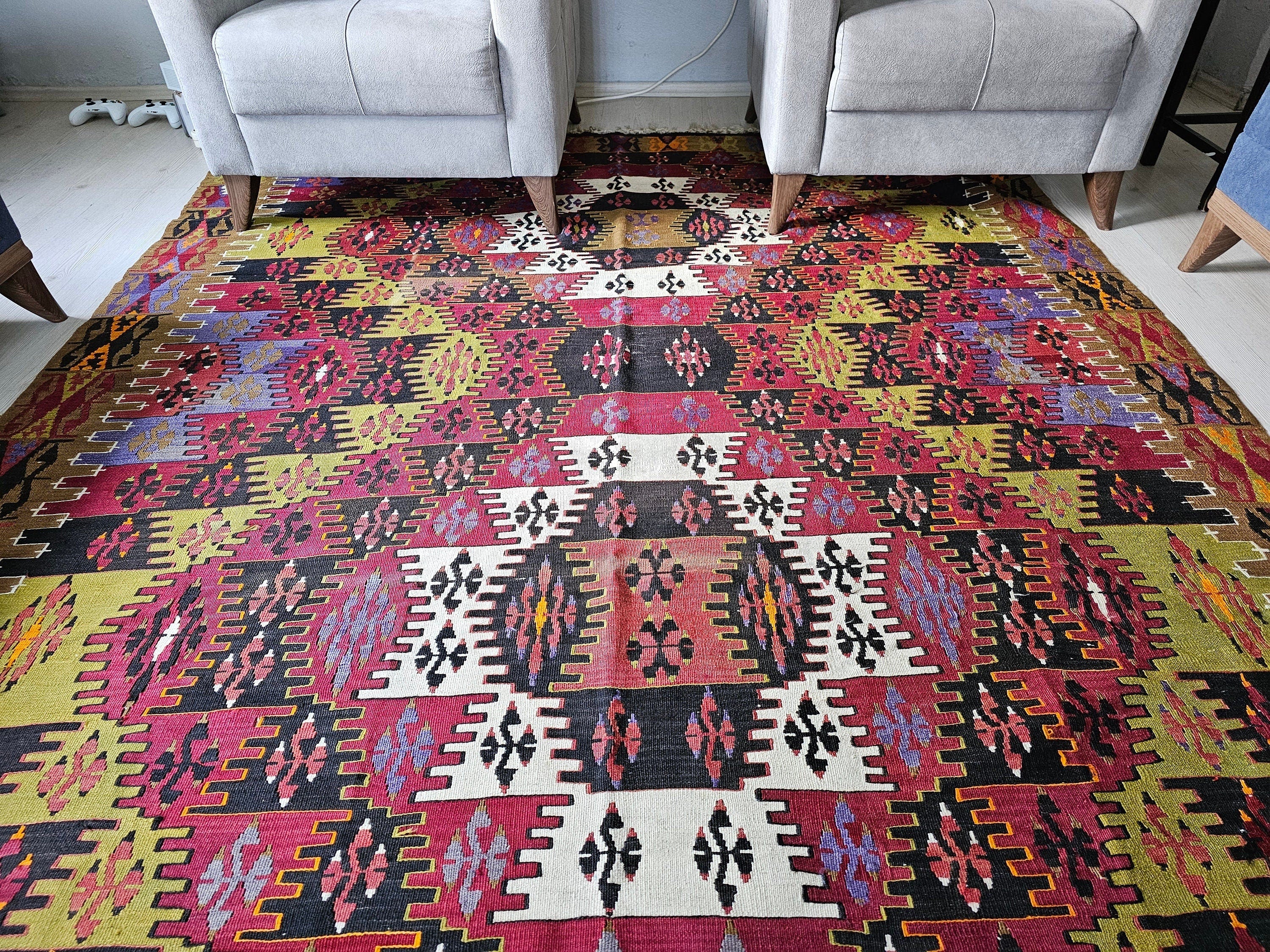 Vintage Hand-Knotted Wool Kilim Rug: Authentic Turkish Oushak, 6.55x16.20 ft