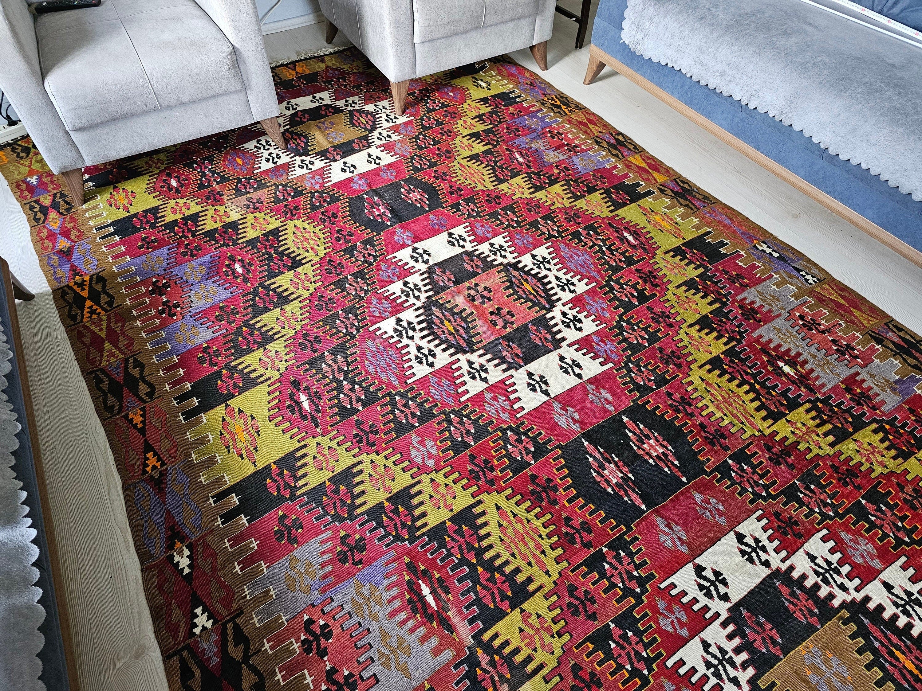 Vintage Hand-Knotted Wool Kilim Rug: Authentic Turkish Oushak, 6.55x16.20 ft