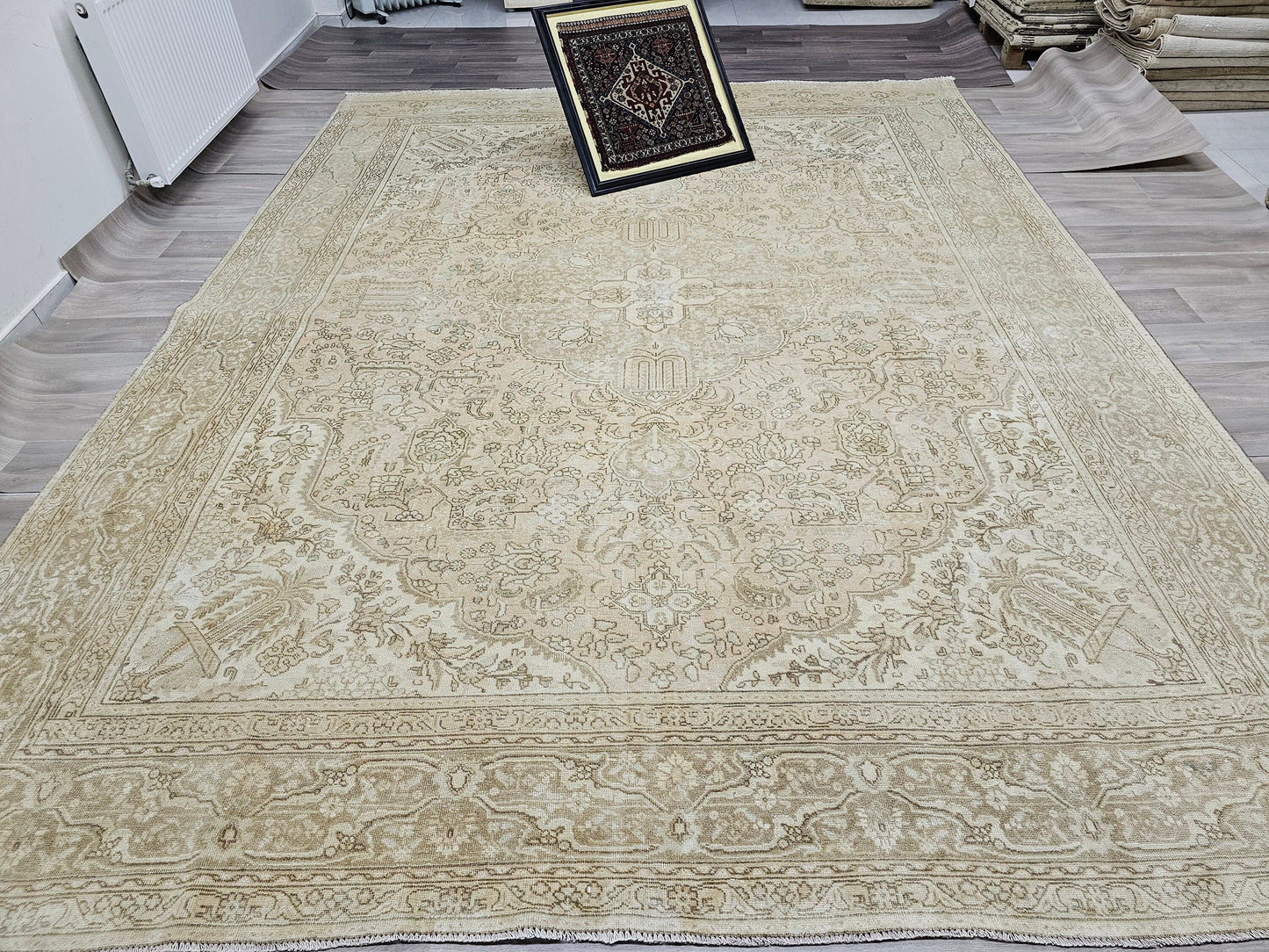 9x12 Wool Oushak Rug: Neutral Beige Faded Turkish Area Rug