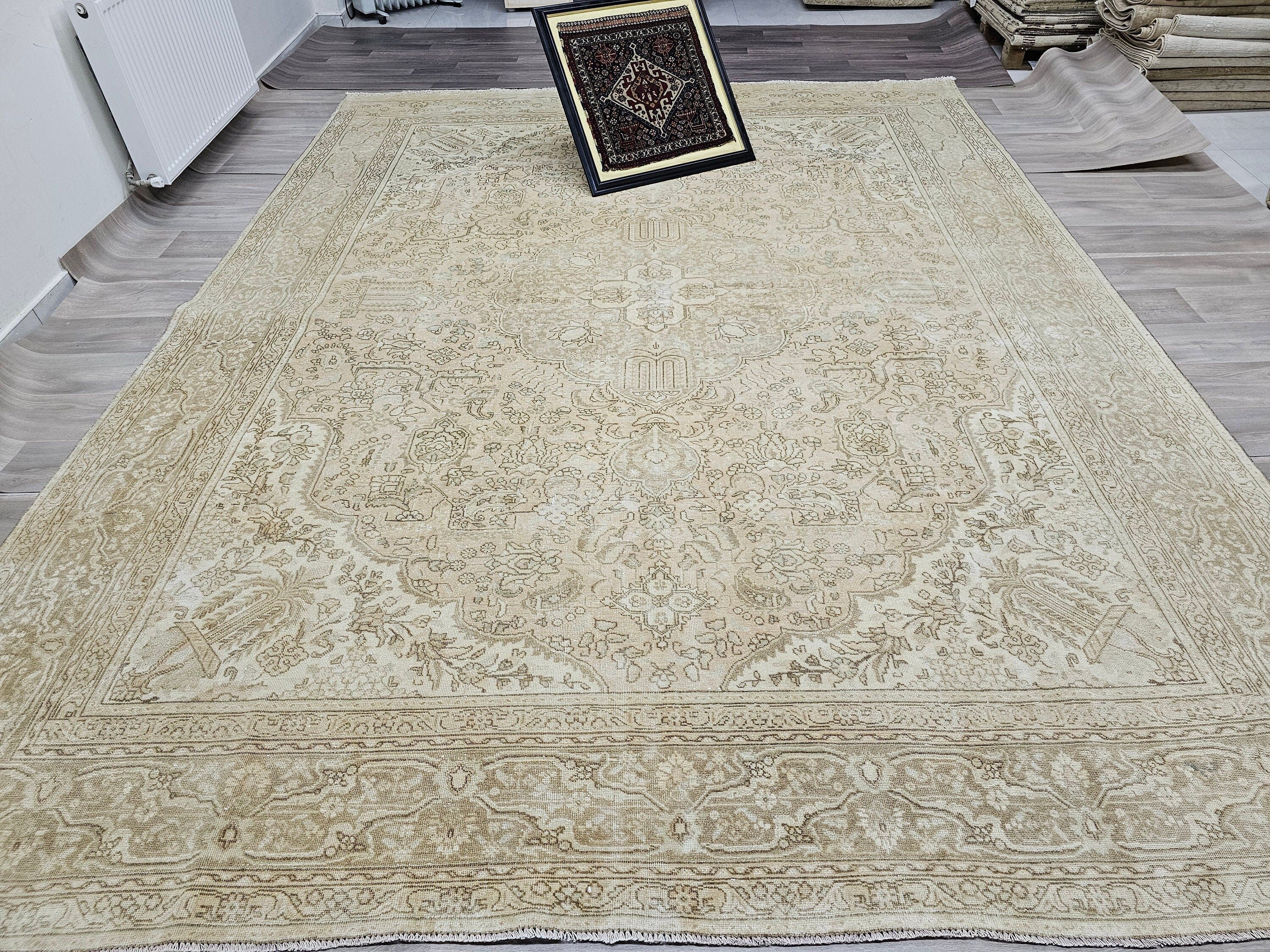 9x12 Wool Oushak Rug: Neutral Beige Faded Turkish Area Rug
