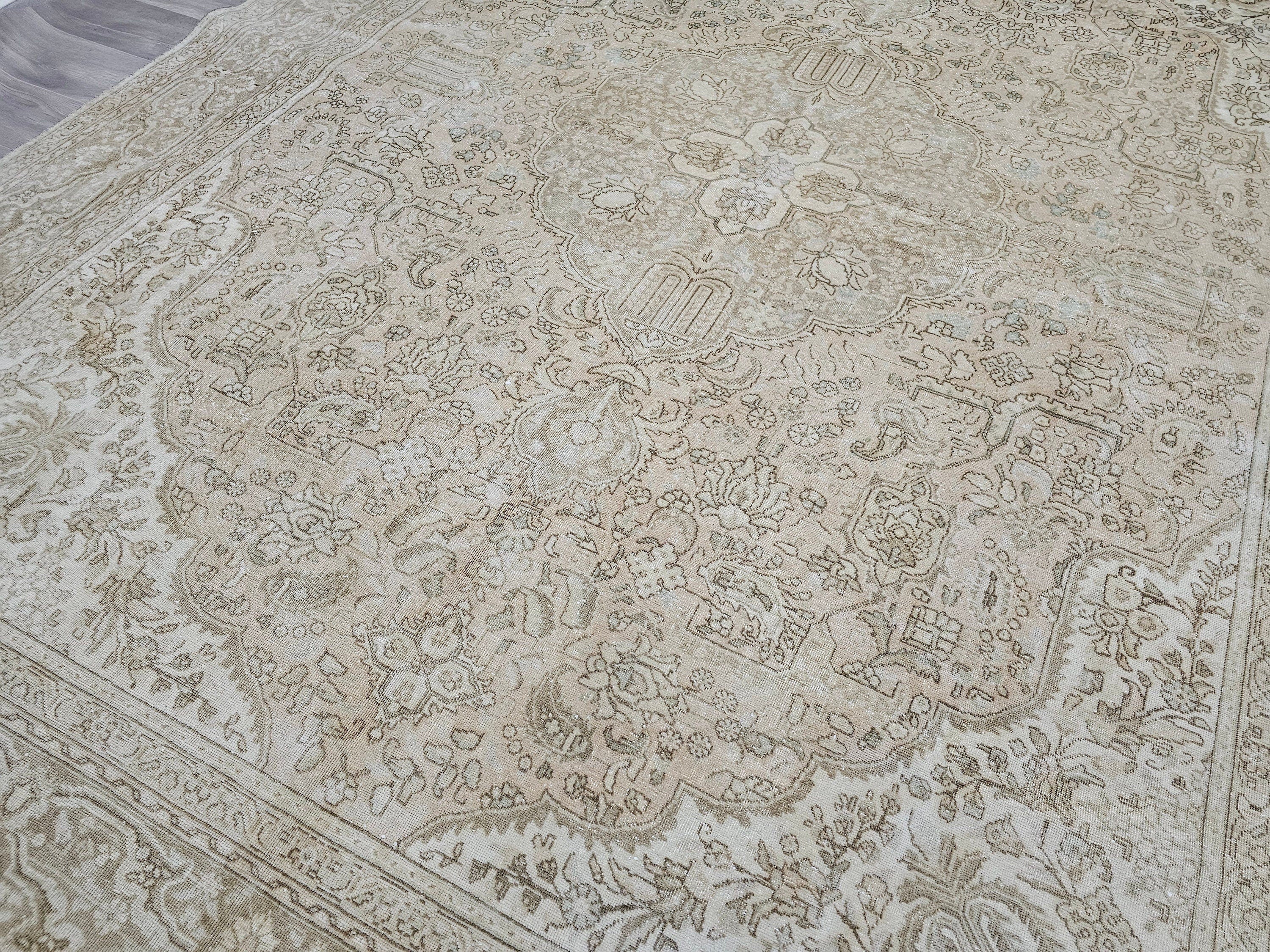 9x12 Wool Oushak Rug: Neutral Beige Faded Turkish Area Rug