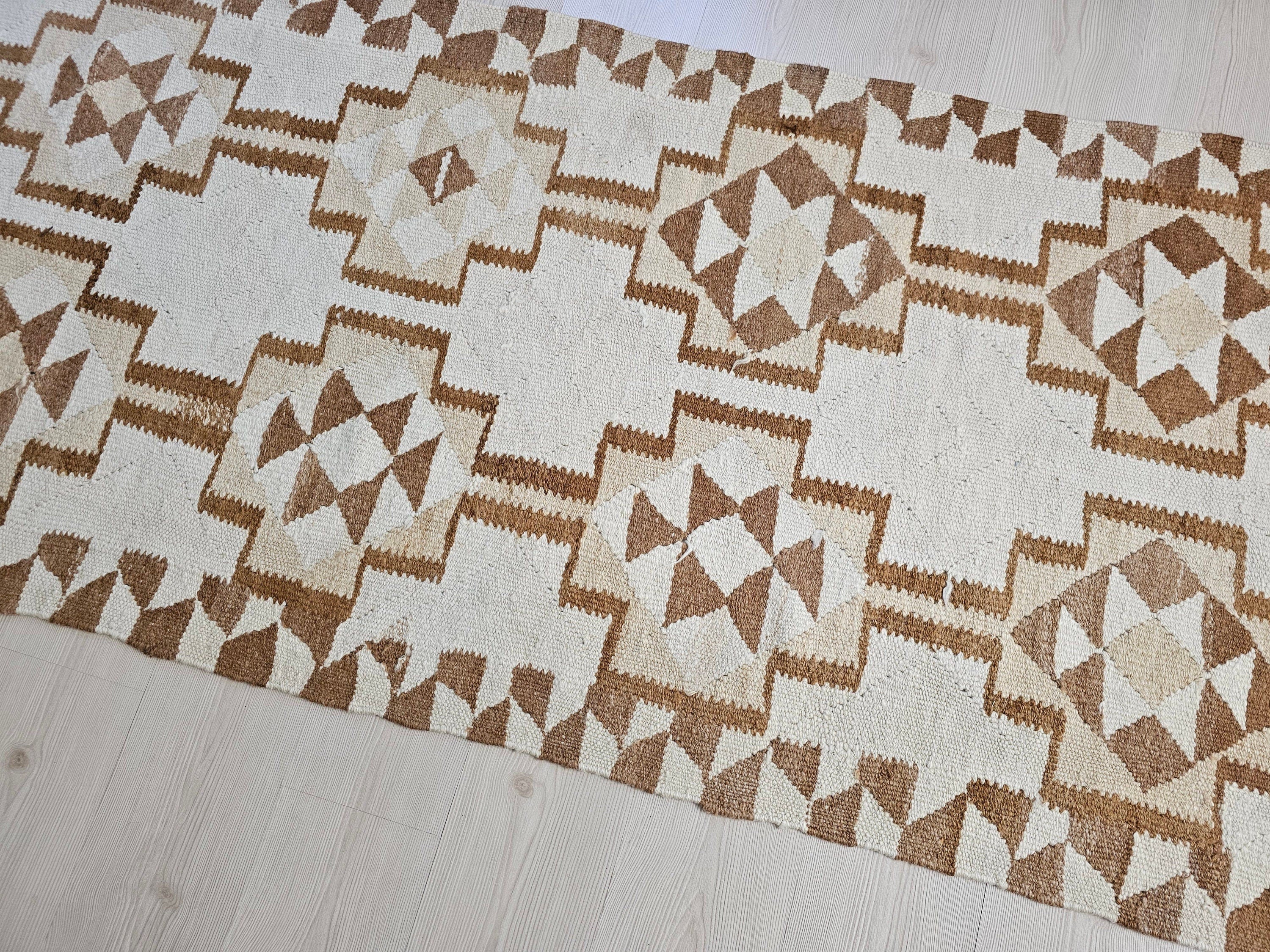 Vintage Wool Oushak Runner Rug: 3x11 Neutral Geometric Turkish Hallway Rug