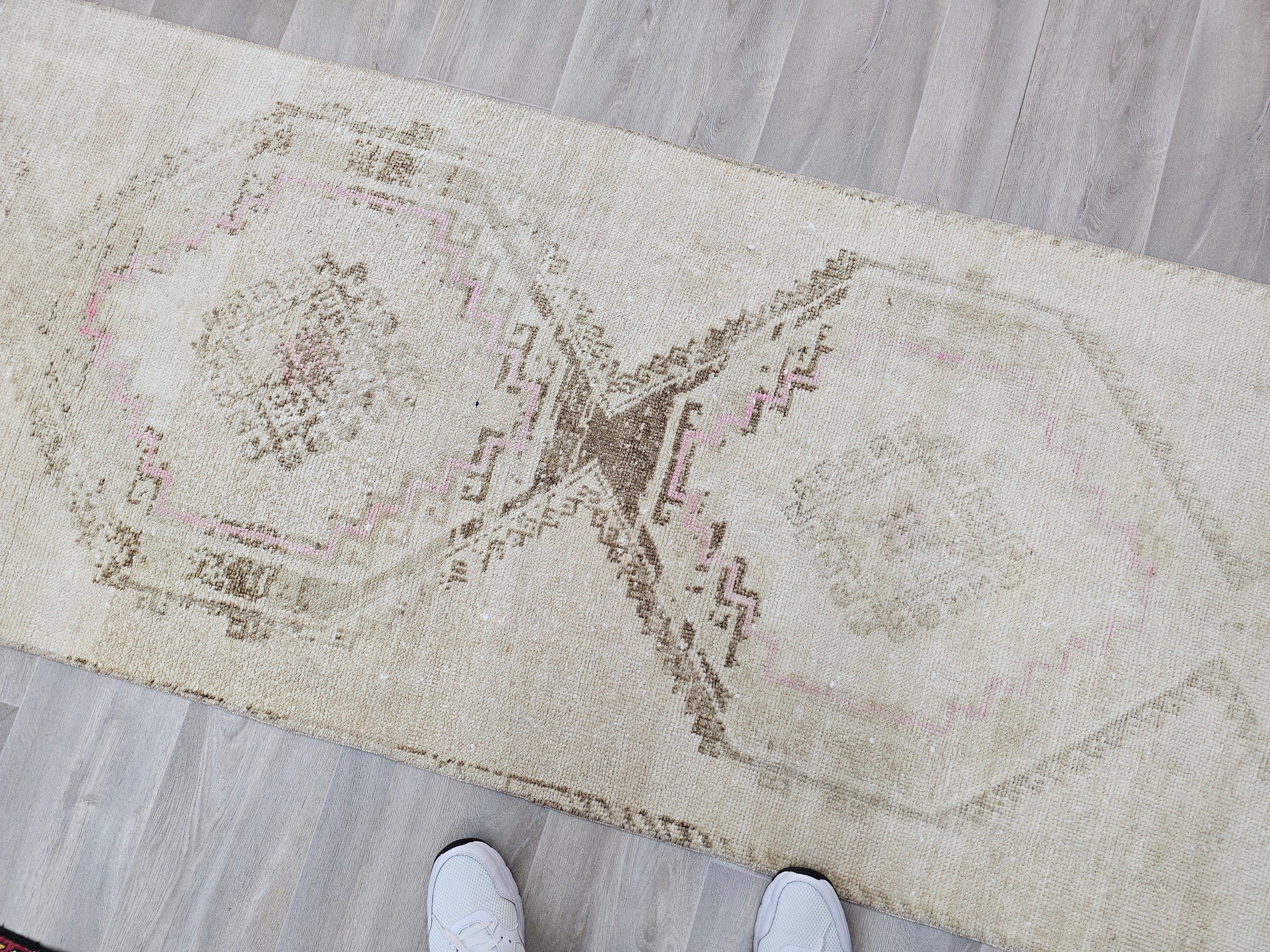 Hand Knotted Wool Turkish Runner Rug: Neutral Oushak Stair Runner (3x14 ft)