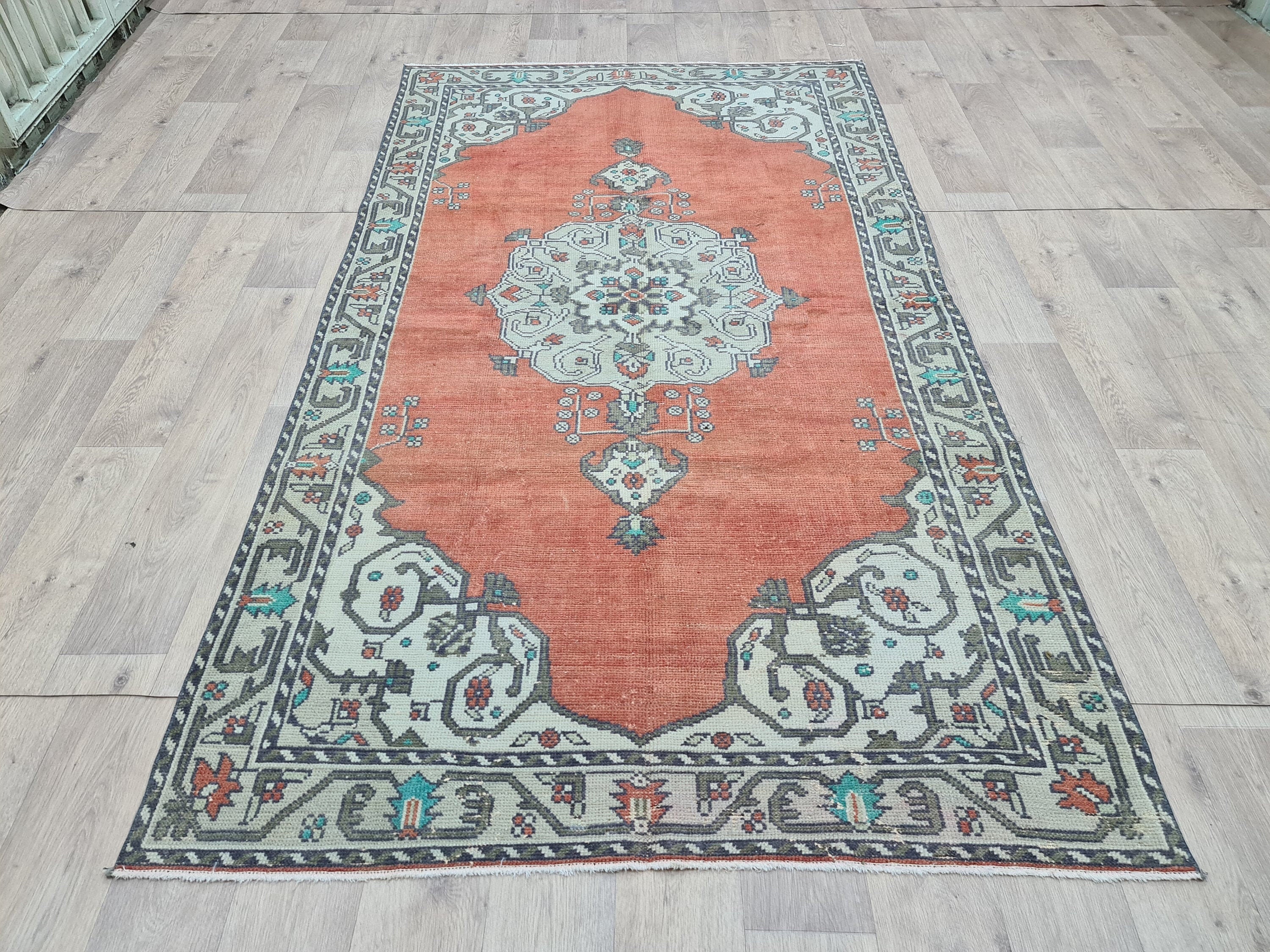 Hand Knotted Wool Turkish Rug: 5x8 Vintage Oushak Accent Rug