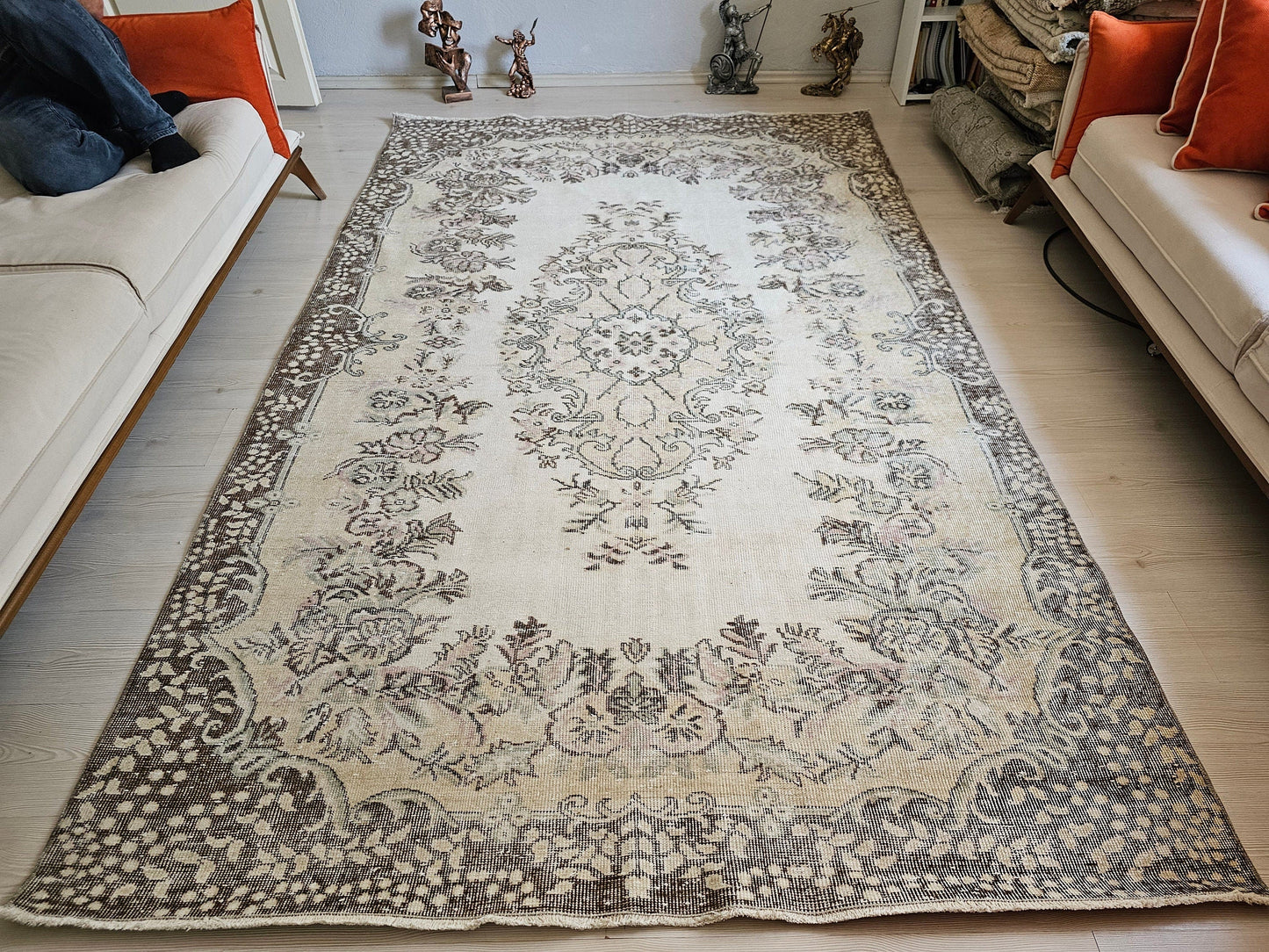 6x9 Vintage Turkish Oushak Rug: Handmade Wool Floral Area Rug