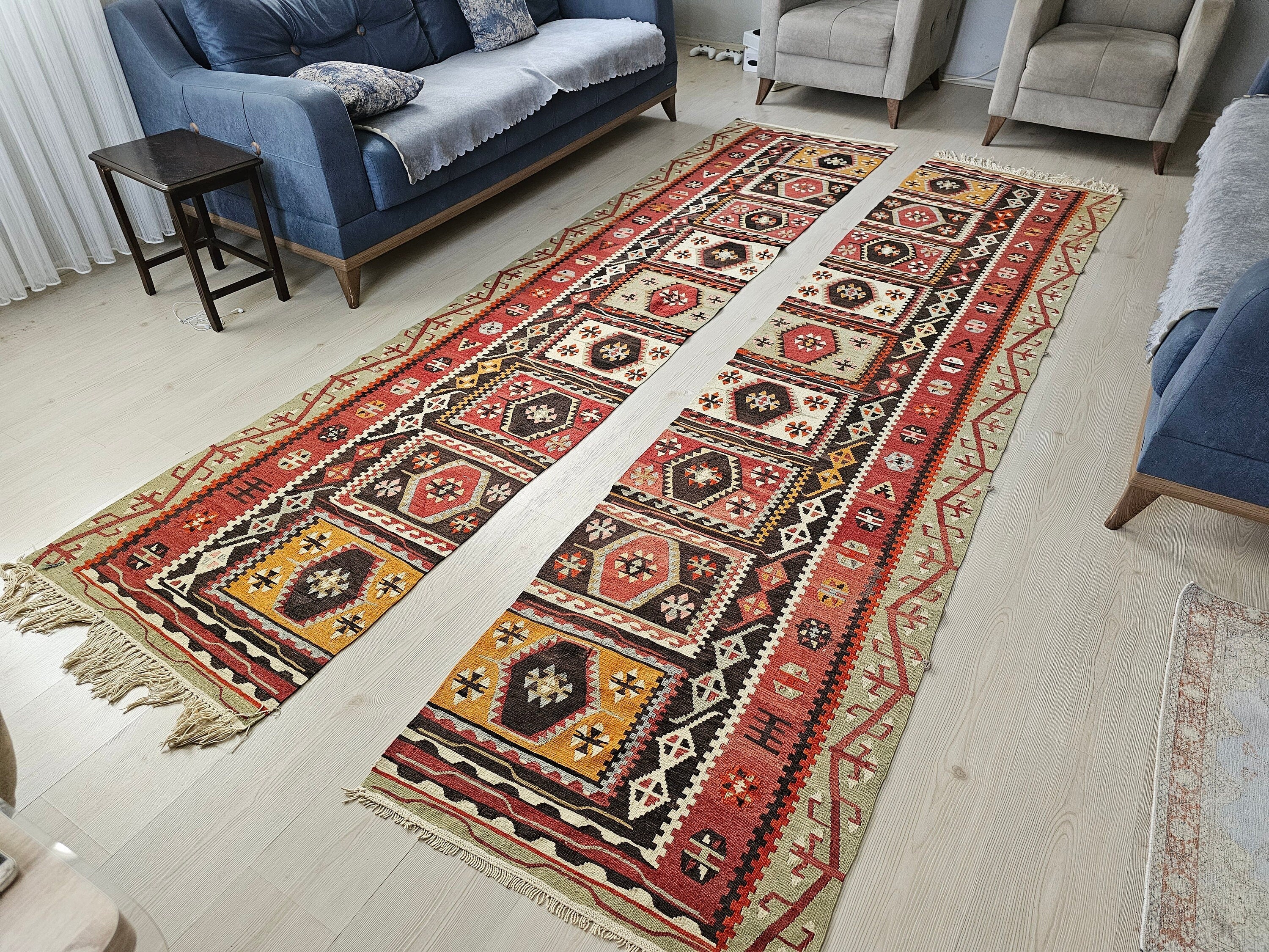 Vintage Oushak Kilim Runner Rug: Double Wing Anatolian Wool Rug