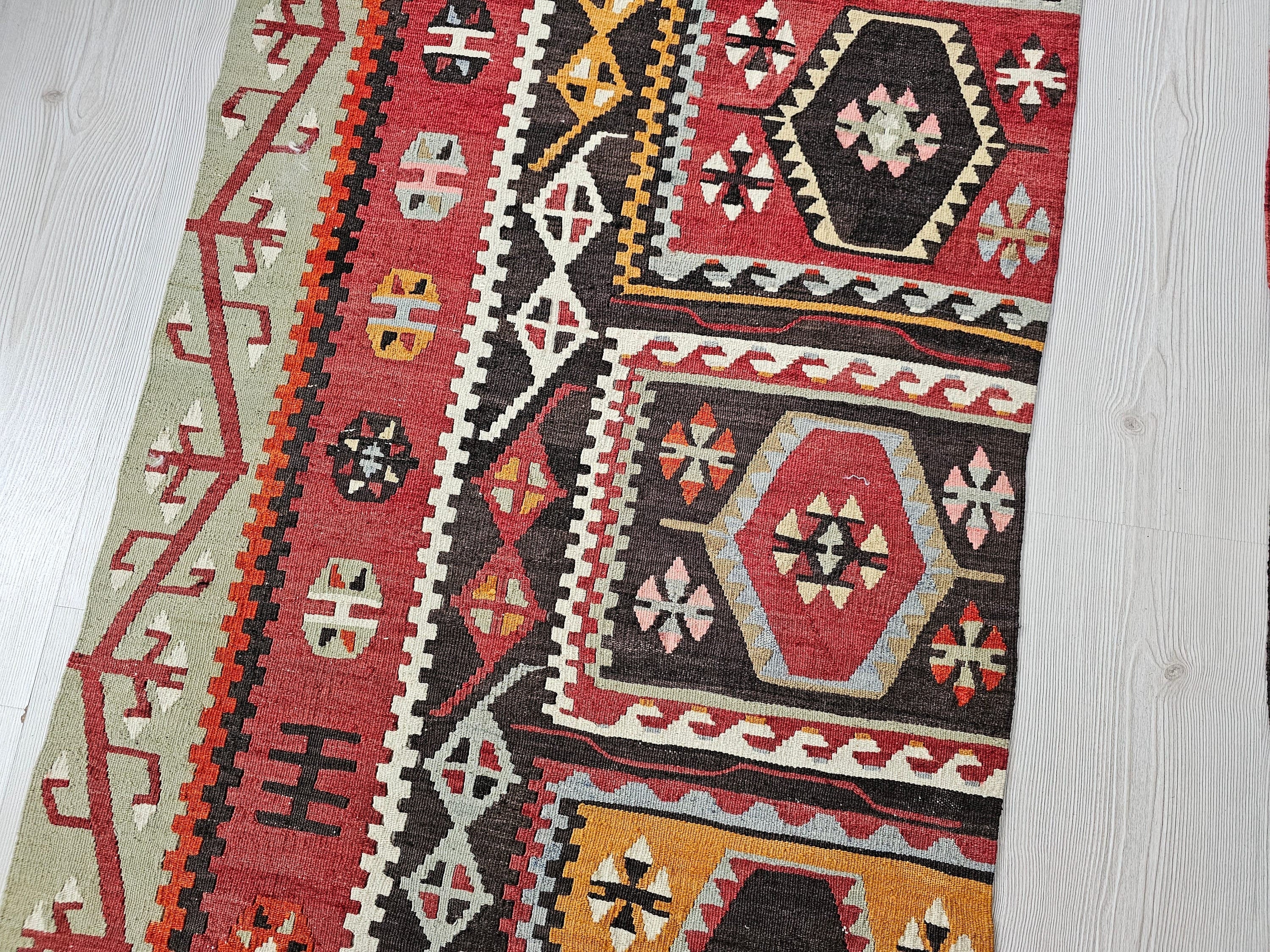 Vintage Oushak Kilim Runner Rug: Double Wing Anatolian Wool Rug