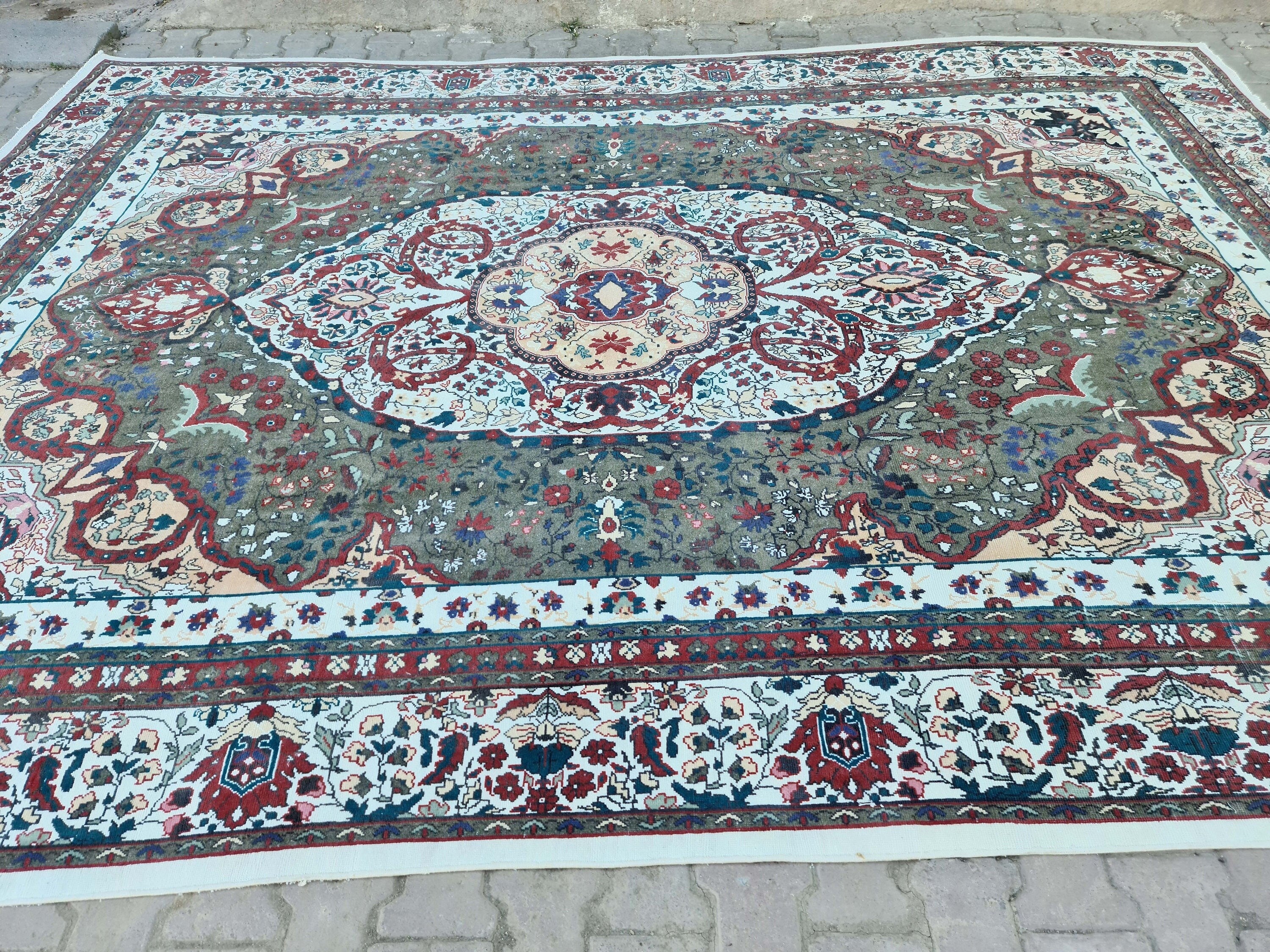 Oversize Hand-Knotted Wool Oushak Rug: 9x13 Vintage Persian Carpet