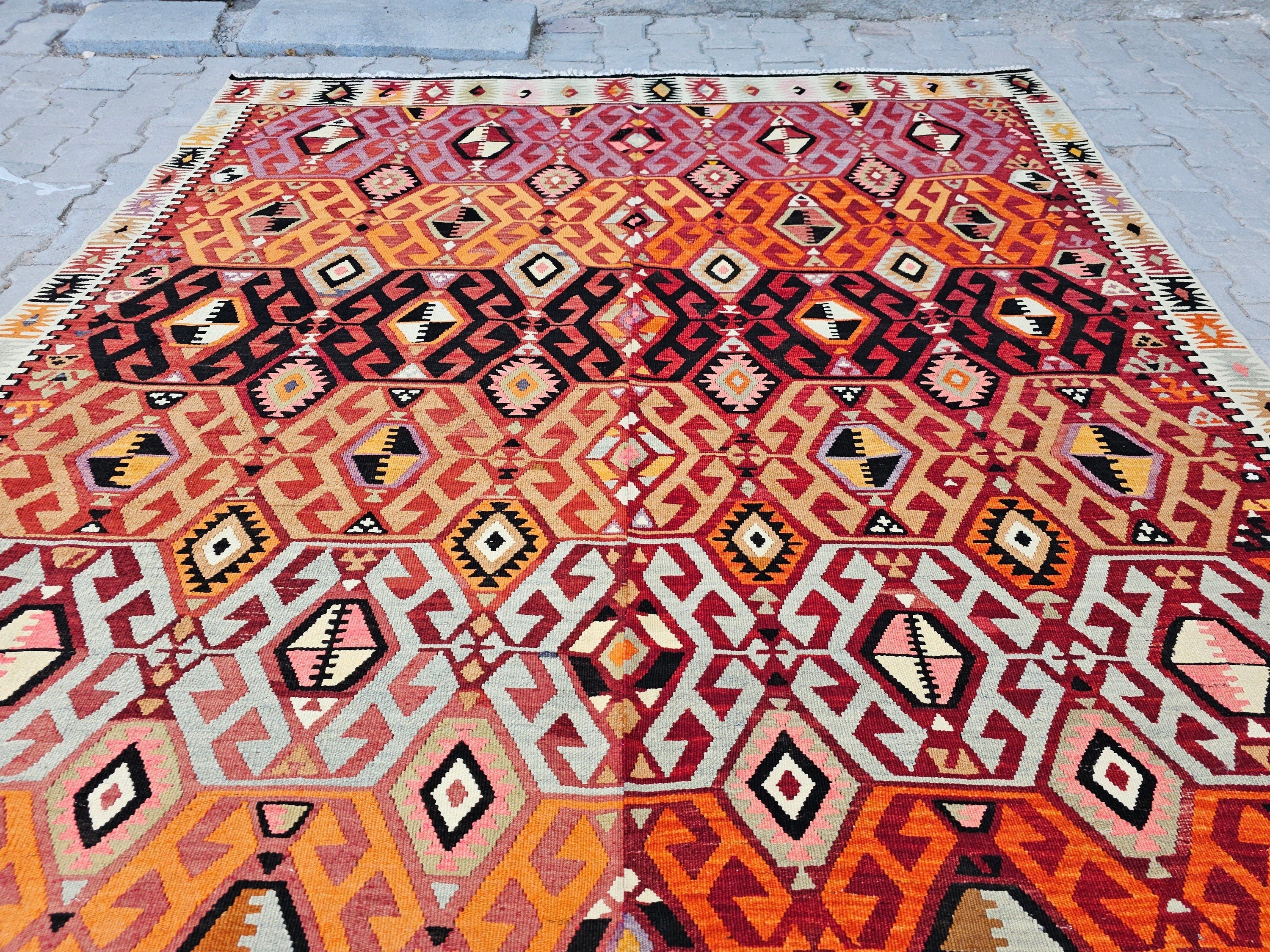 Handmade Vintage Turkish Kilim Rug: Large Bohemian Area Carpet (6.50x11.60 Feet)