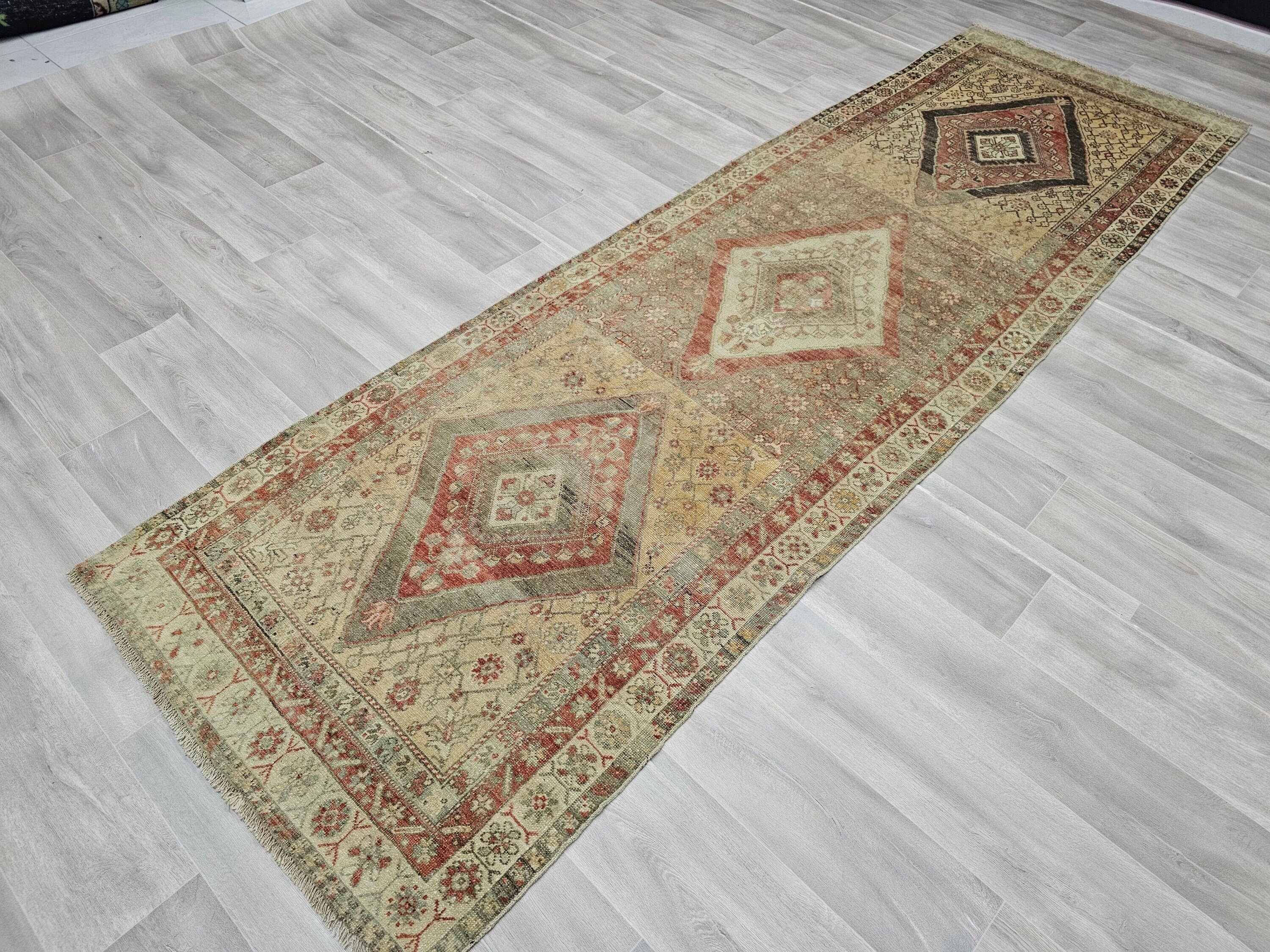 Vintage Turkish Runner Rug: Hand-Knotted Wool, Farmhouse Decor (3.60x10.50 feet)