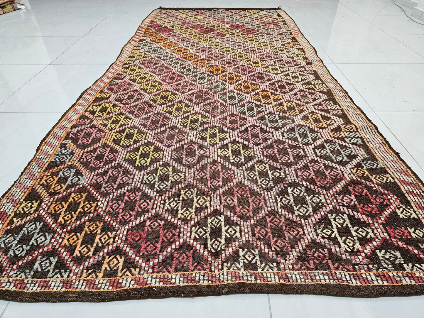 Vintage Turkish Kilim Runner 4x10 Geometric Handwoven Pink Brown Tribal Persian Hallway Rug Bohemian Runner Rug