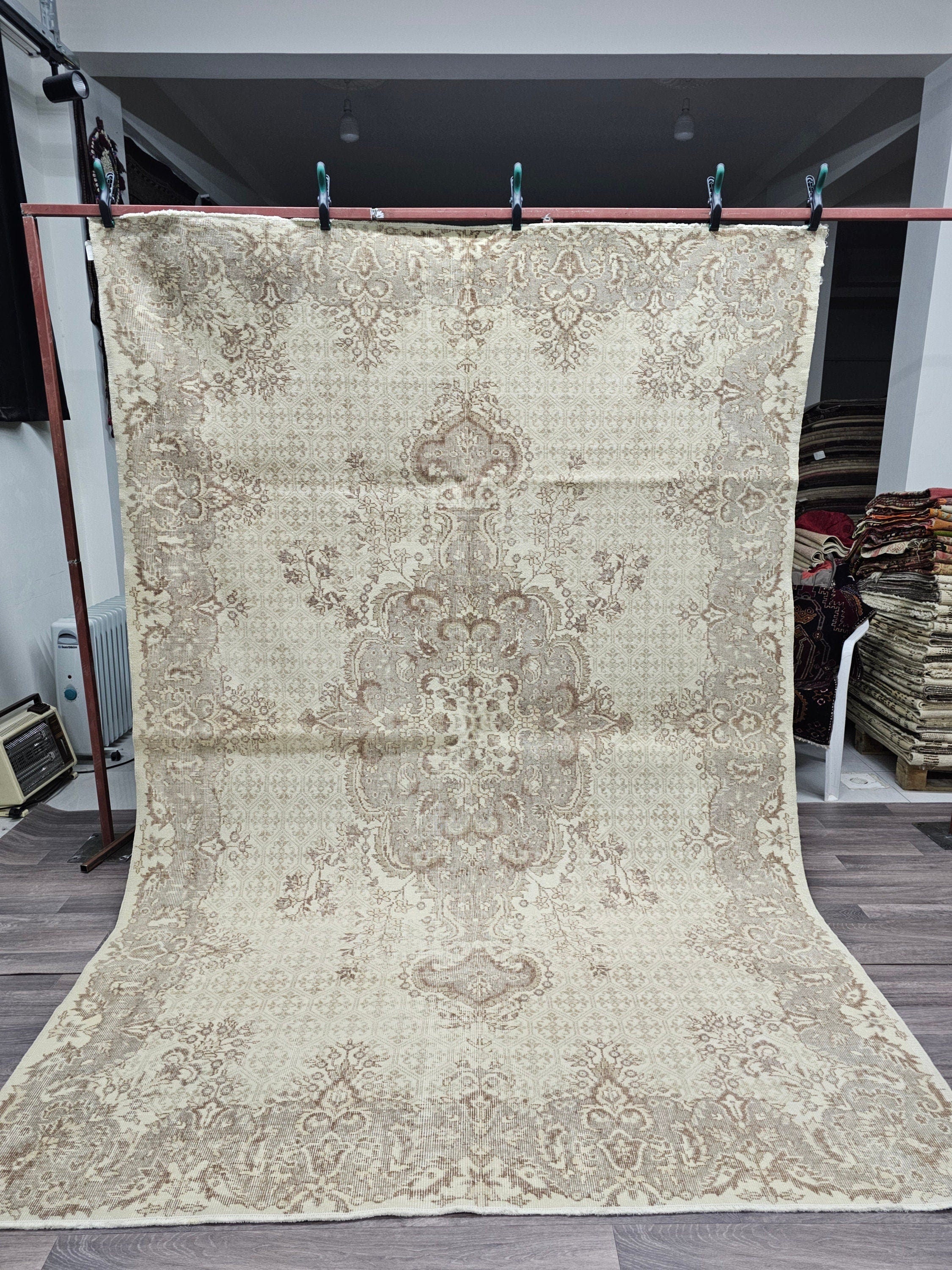 7x10 Neutral Oushak Rug: Hand-Knotted Vintage Wool Area Rug
