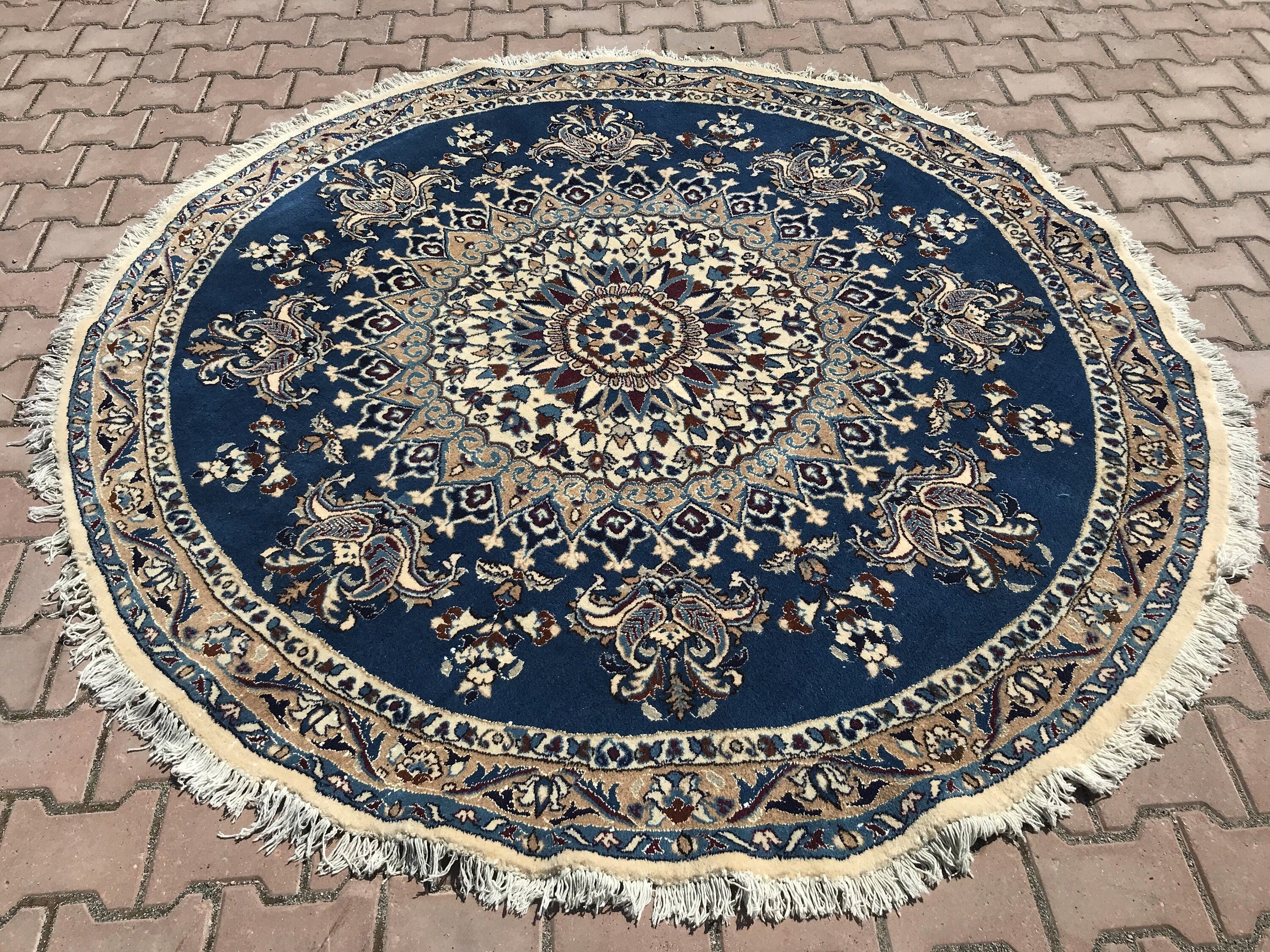Handknotted Oushak Round Rug: 6.56 ft Vintage Turkish Rug