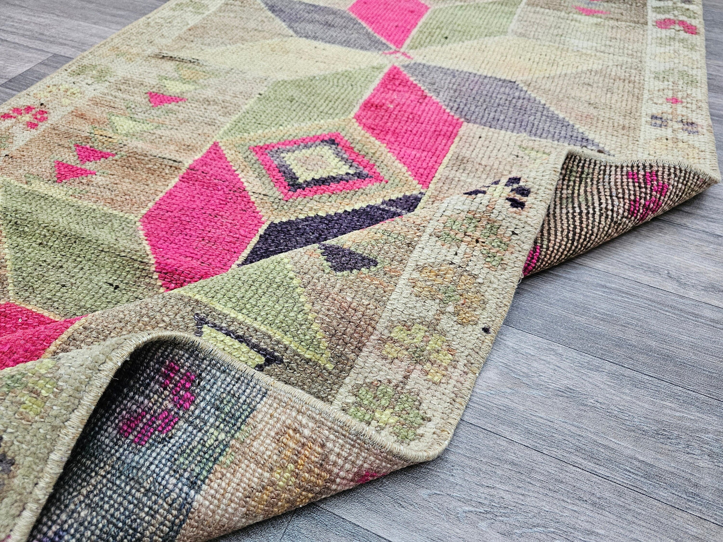 Vintage Wool Runner Rug: 3x11 Herki Turkish Hallway Rug
