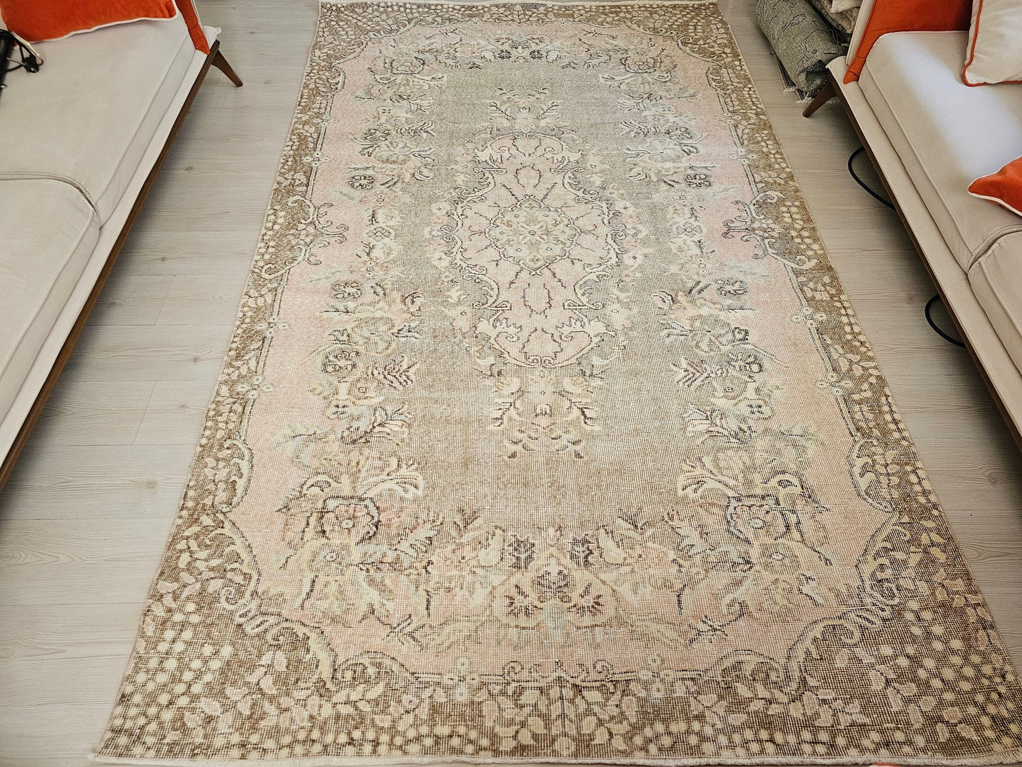Vintage Turkish Wool Rug: 6x10 Floral Oushak Rug, Hand-Knotted