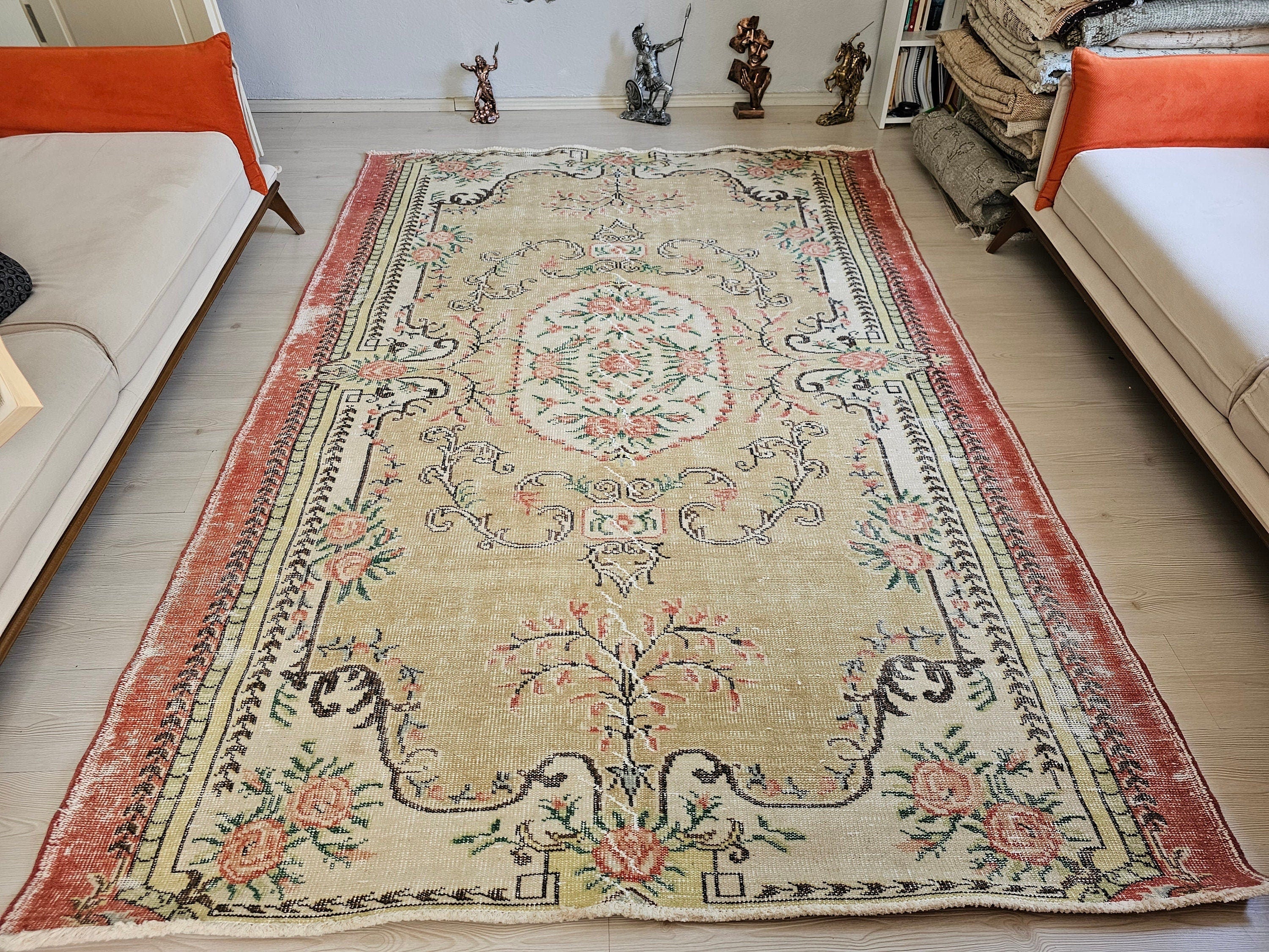 6x9 Hand Knotted Wool Vintage Turkish Isparta Rug
