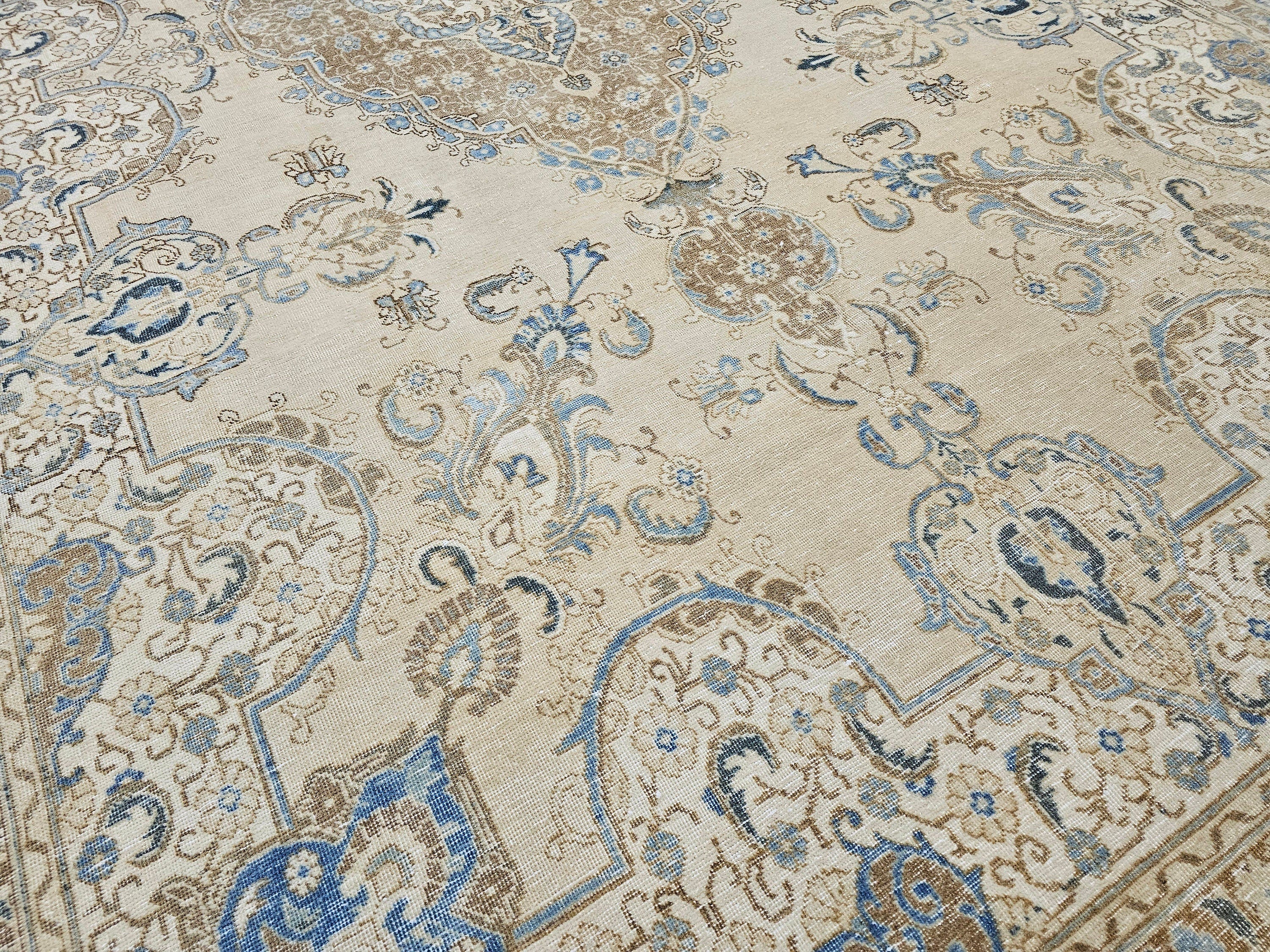 11x16 Extra Large Vintage Oushak Rug: Neutral Beige, Blue & Brown Wool