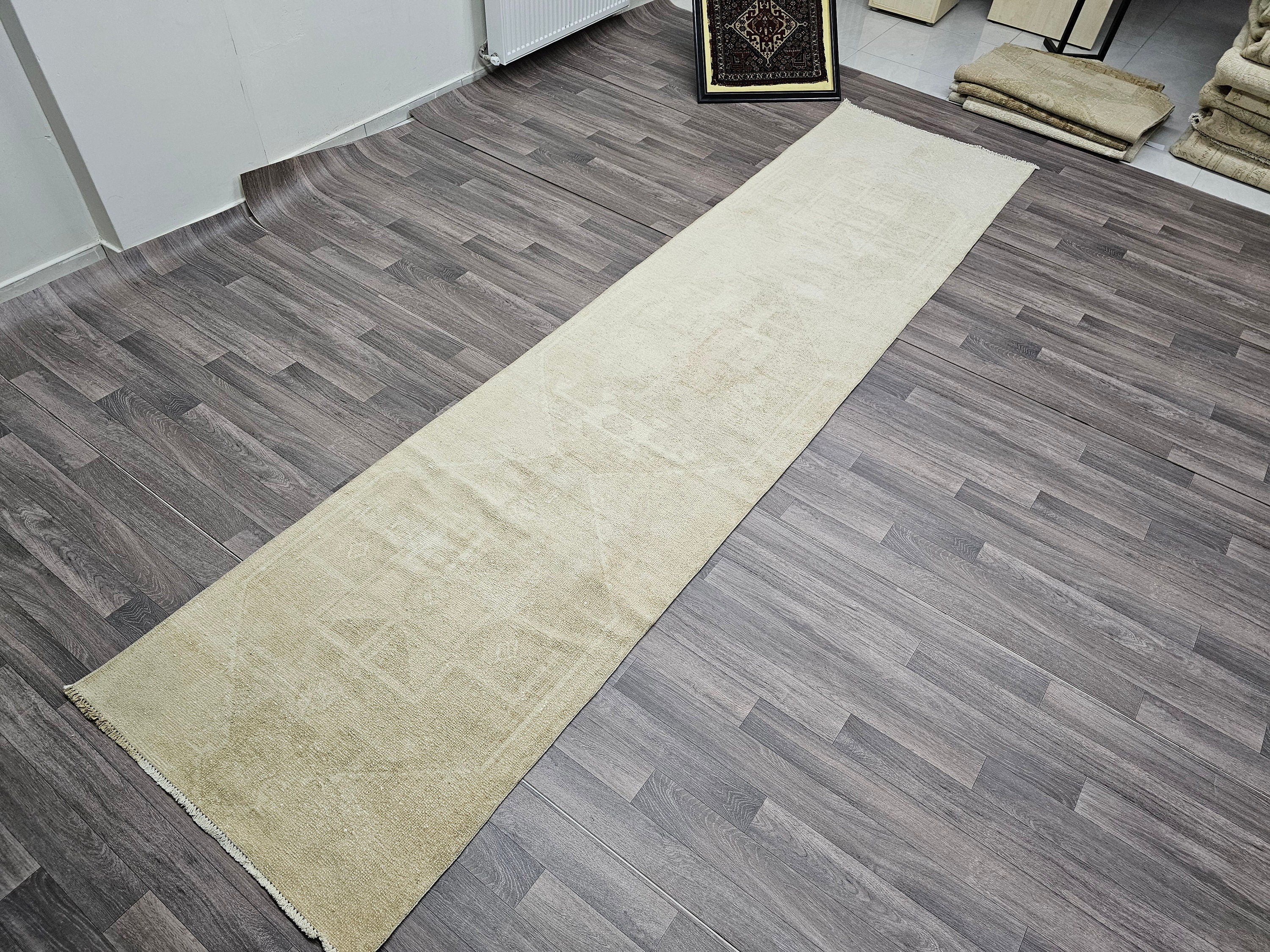 Neutral Oushak Runner Rug: 3x13 Vintage Turkish Hallway Rug