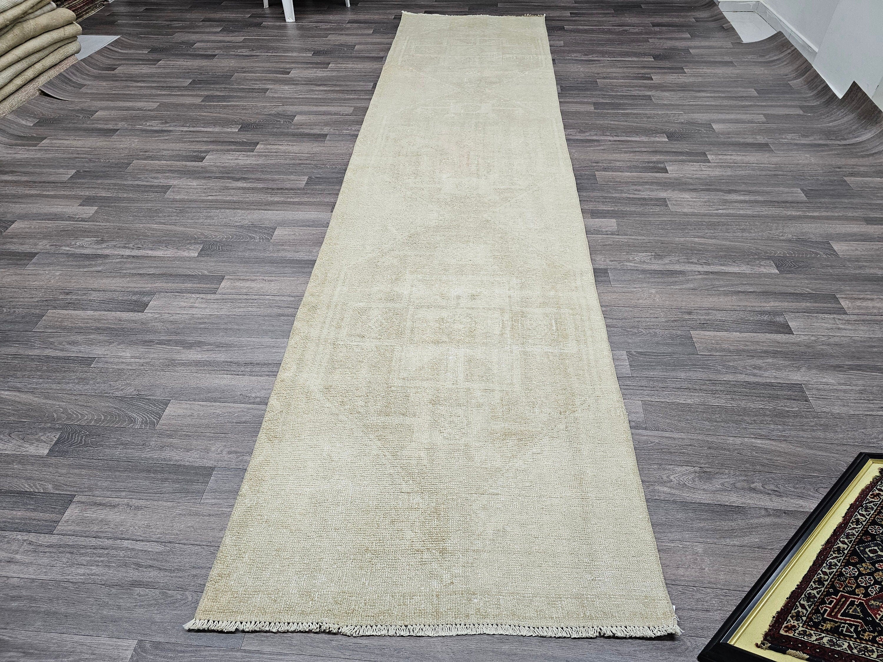 Neutral Oushak Runner Rug: 3x13 Vintage Turkish Hallway Rug