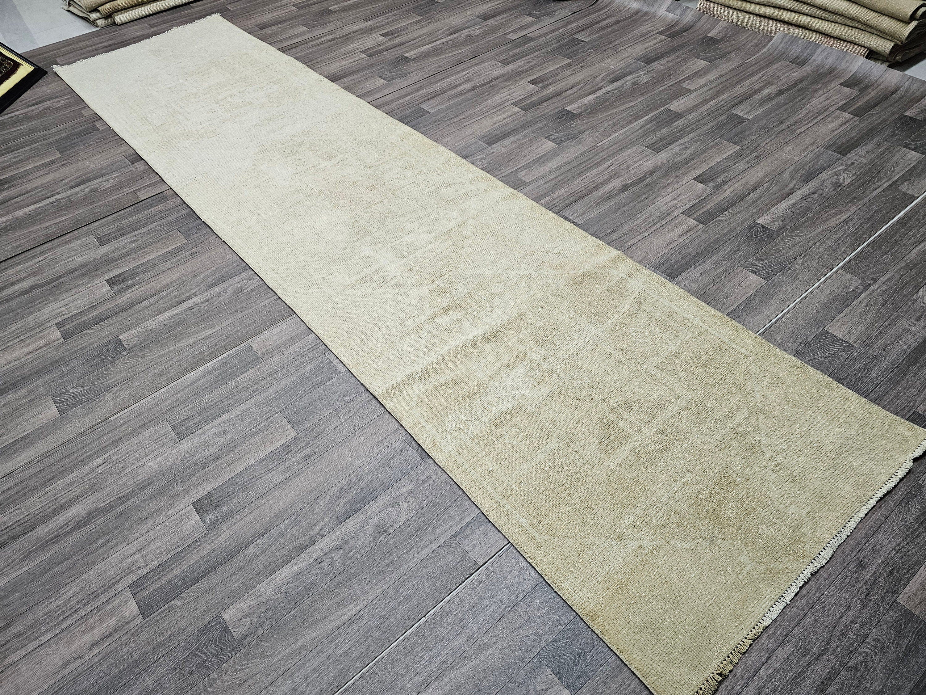 Neutral Oushak Runner Rug: 3x13 Vintage Turkish Hallway Rug