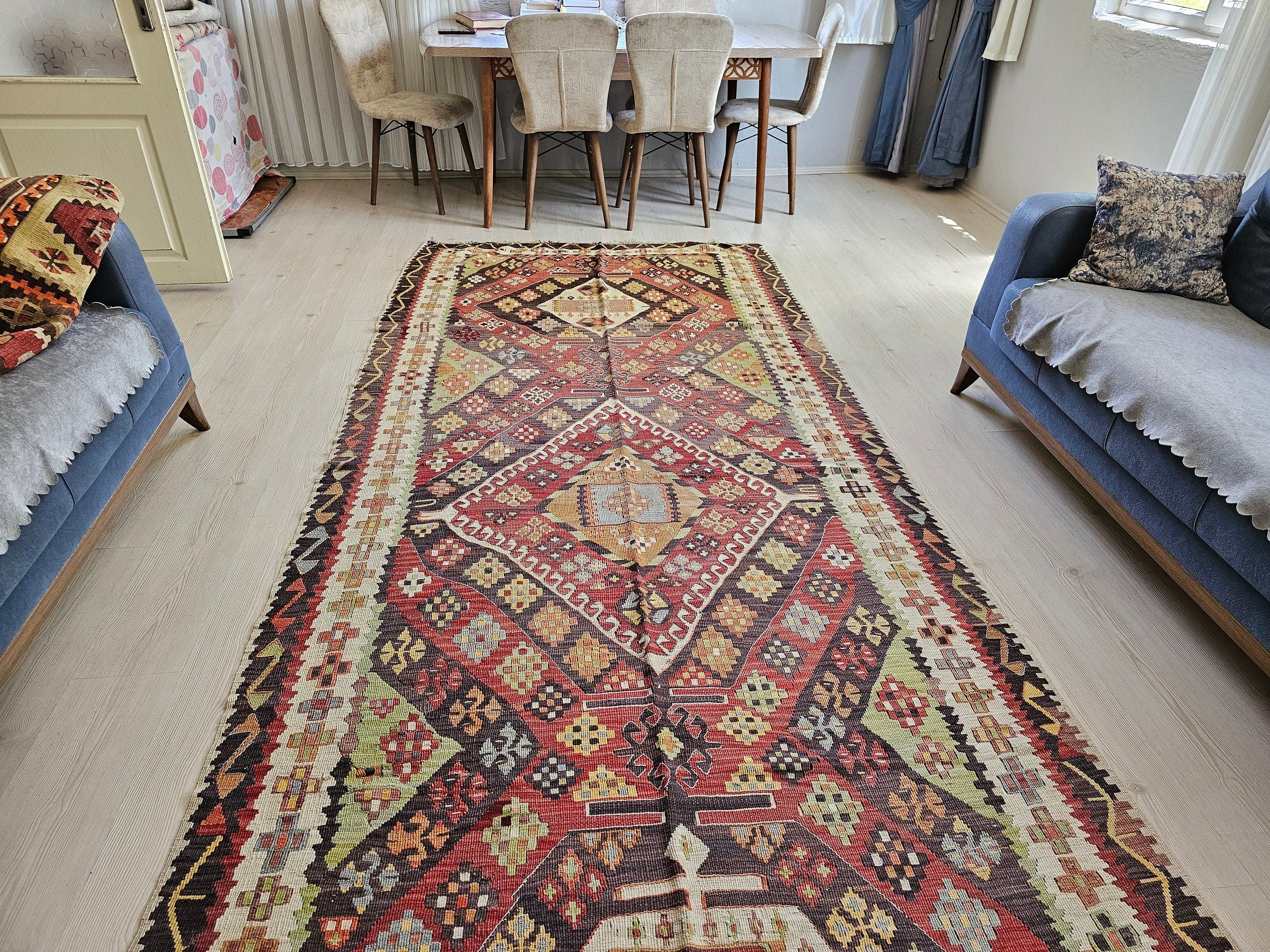 Vintage Kilim Runner Rug: Handmade Wool Turkish Oushak, 5x12 ft