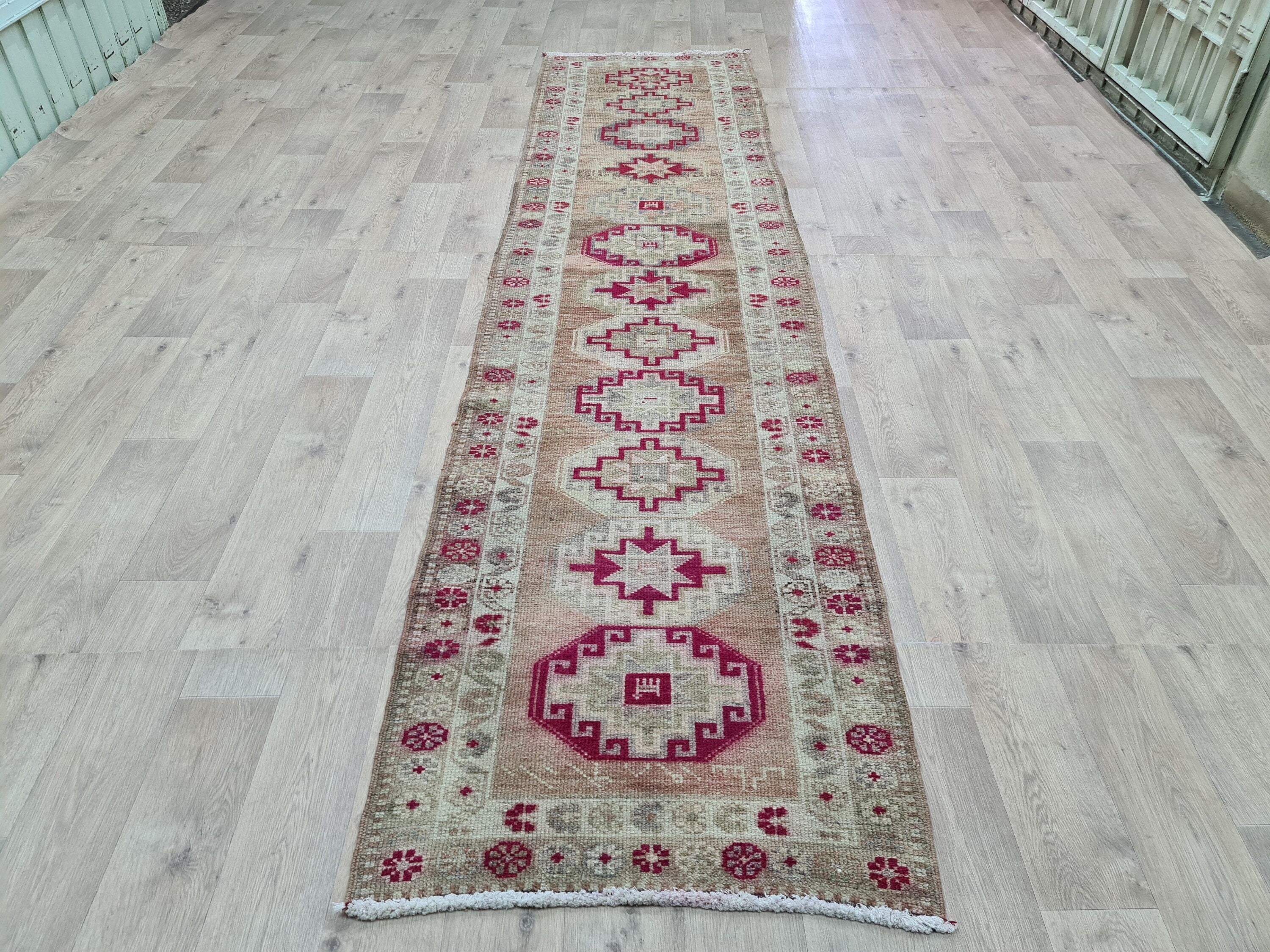 Hand Woven Wool Runner Rug: Vintage Oushak Herki Design (2.85x11.8 feet)