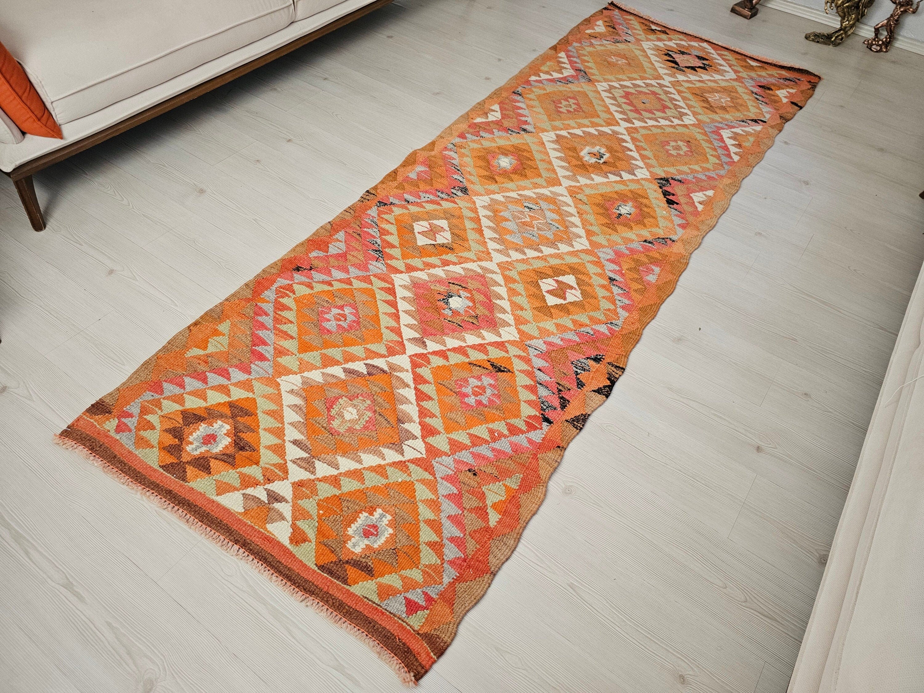Hand Knotted Wool Turkish Runner: Geometric Coastal Decor (3x9 ft)