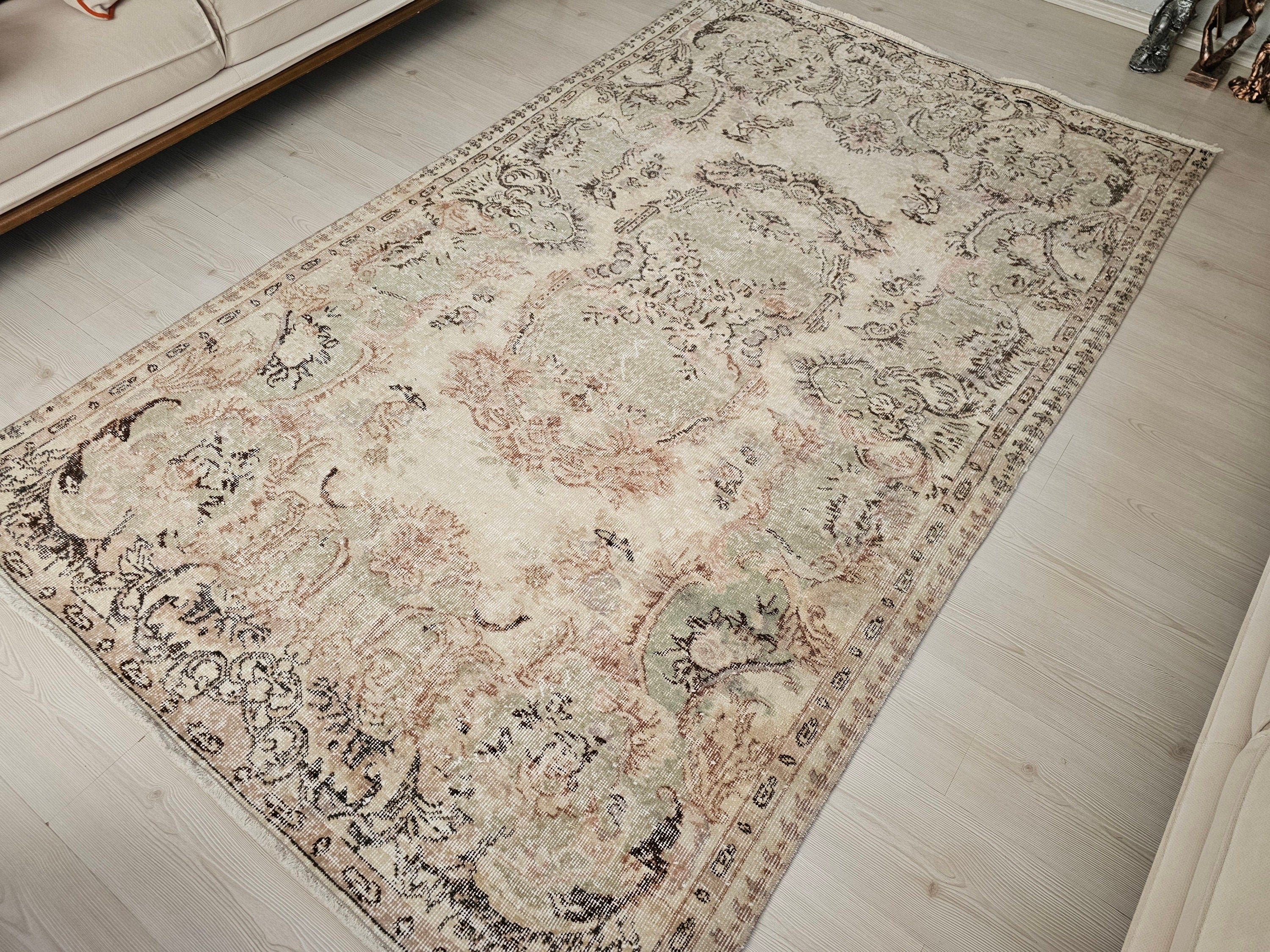 Vintage 5x8 Hand-Knotted Wool Turkish Oushak Rug: Neutral Oriental Design