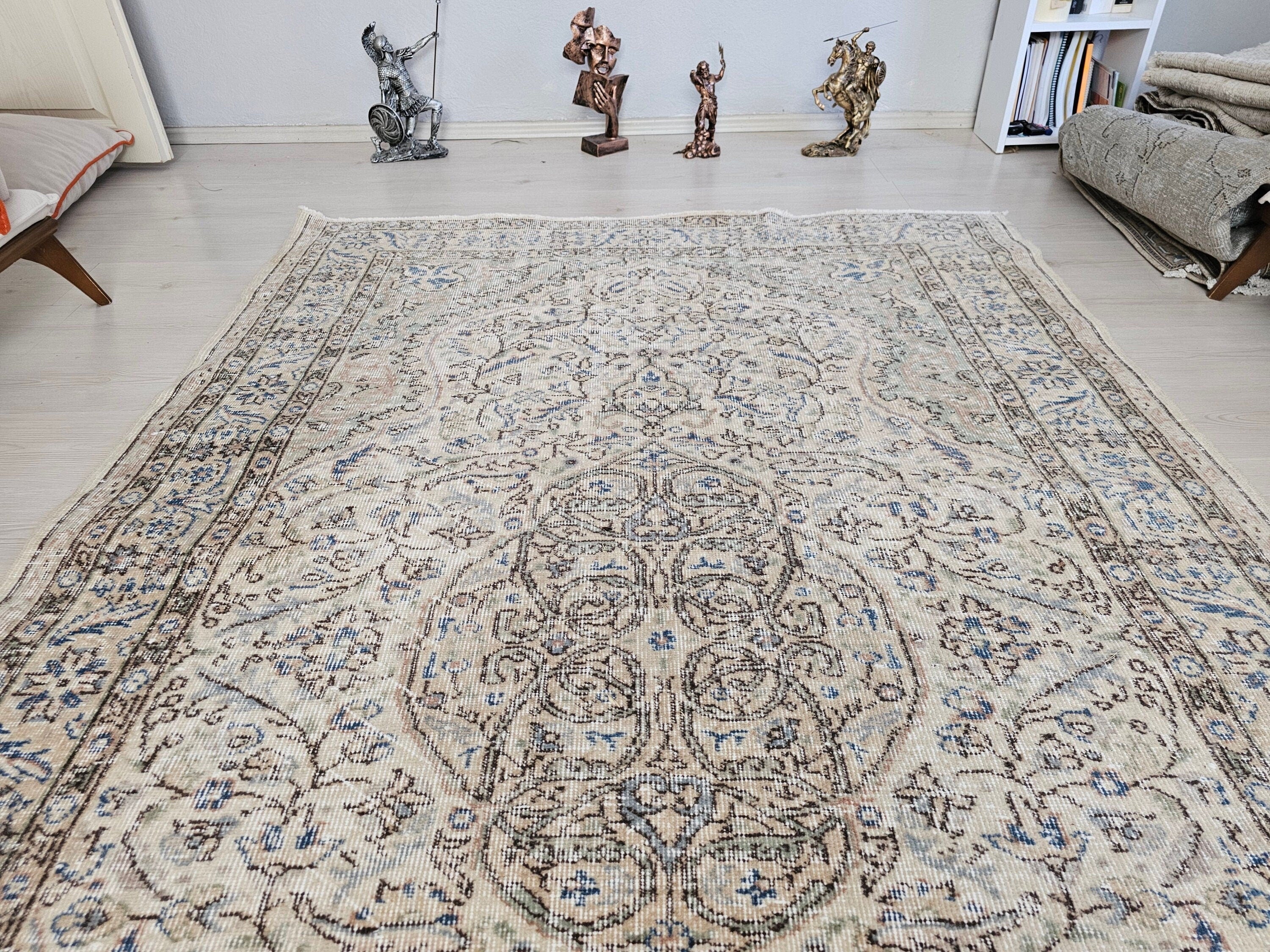 Handmade Wool Turkish Rug 5x8: Vintage Boho Farmhouse Decor
