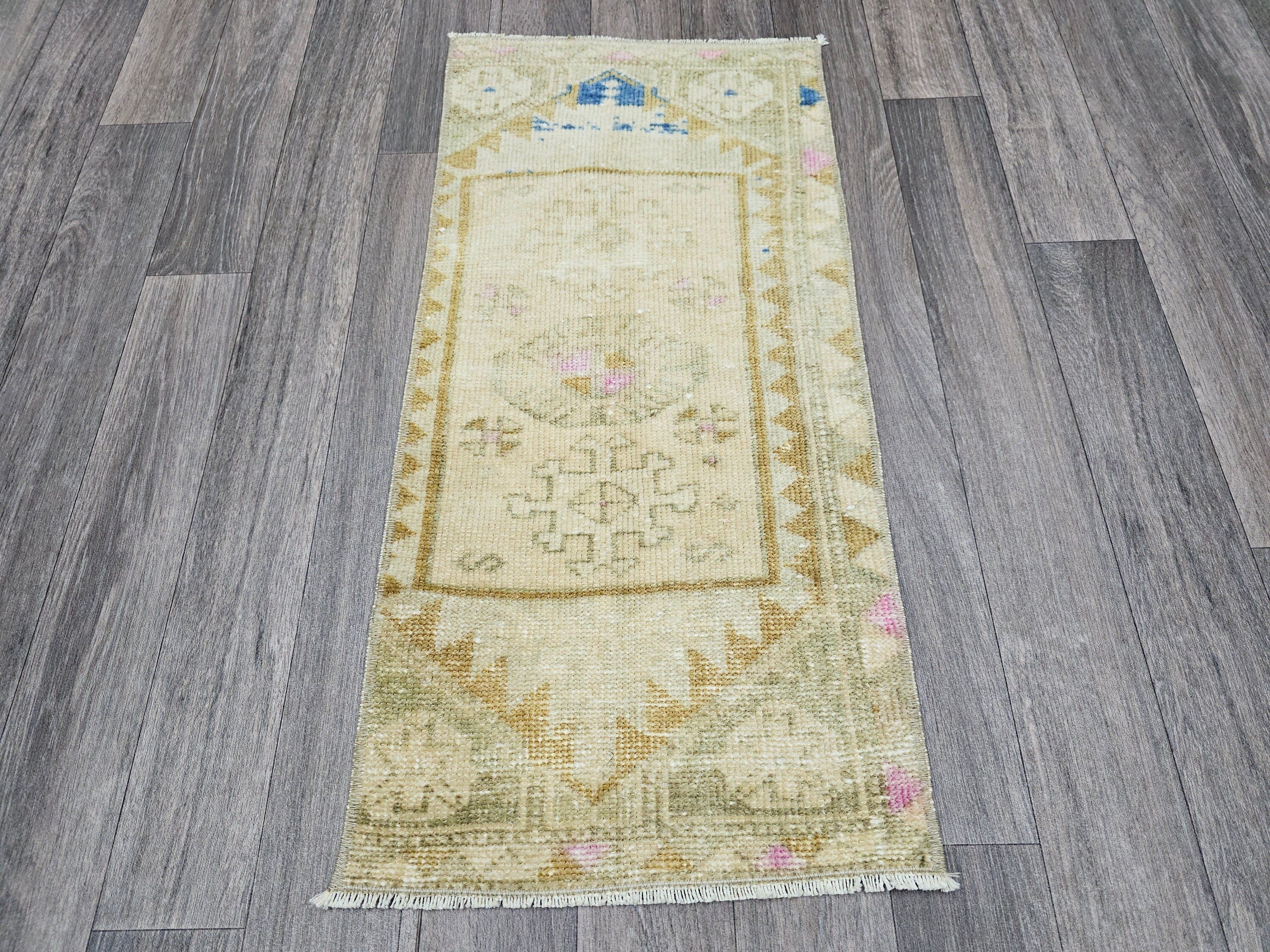 Vintage Turkish Oushak Doormat Bath Mat Neutral - 15x33 inches