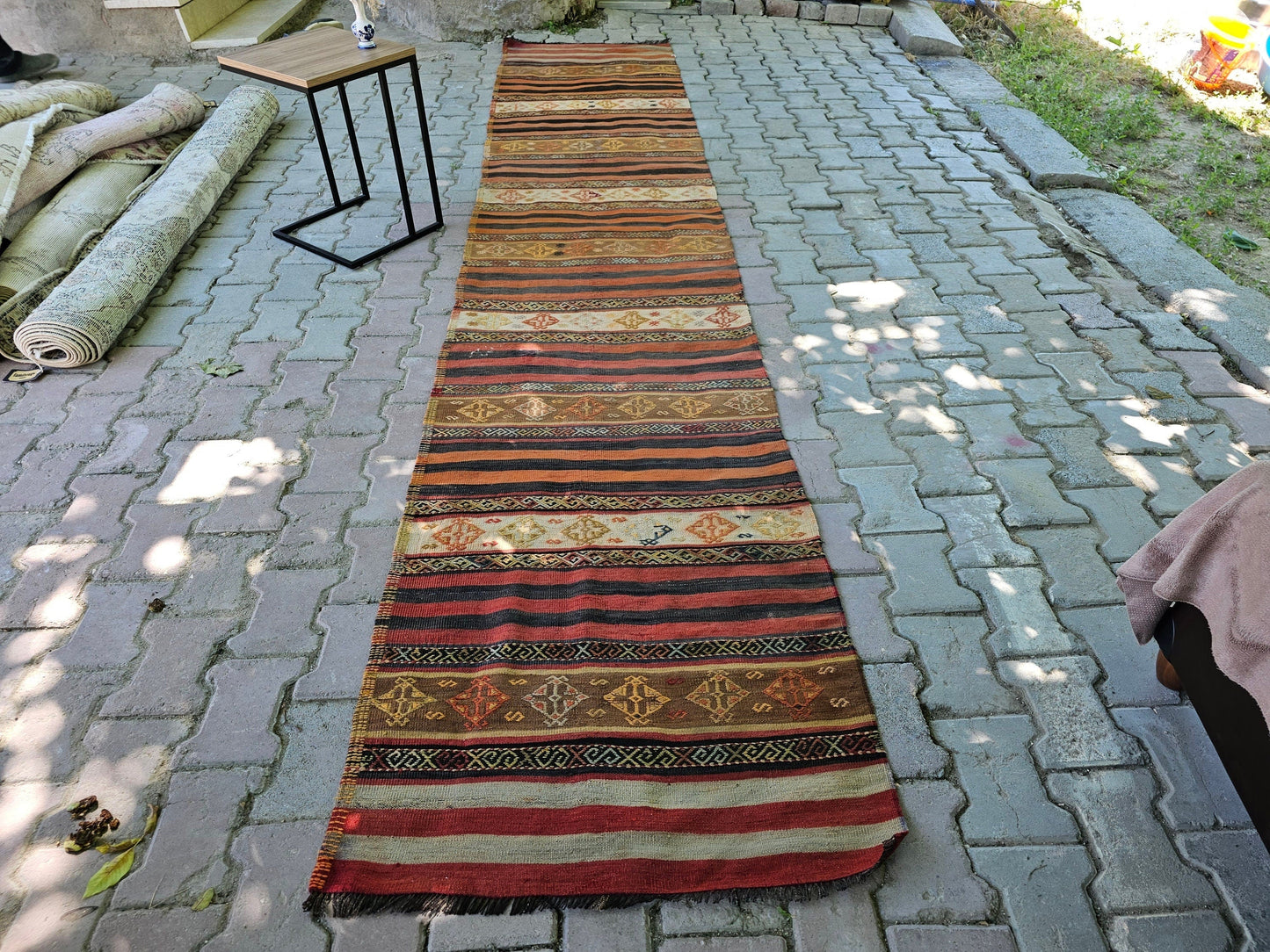 Vintage Turkish Wool Runner Rug: Striped Oushak Hallway Rug (3x13)