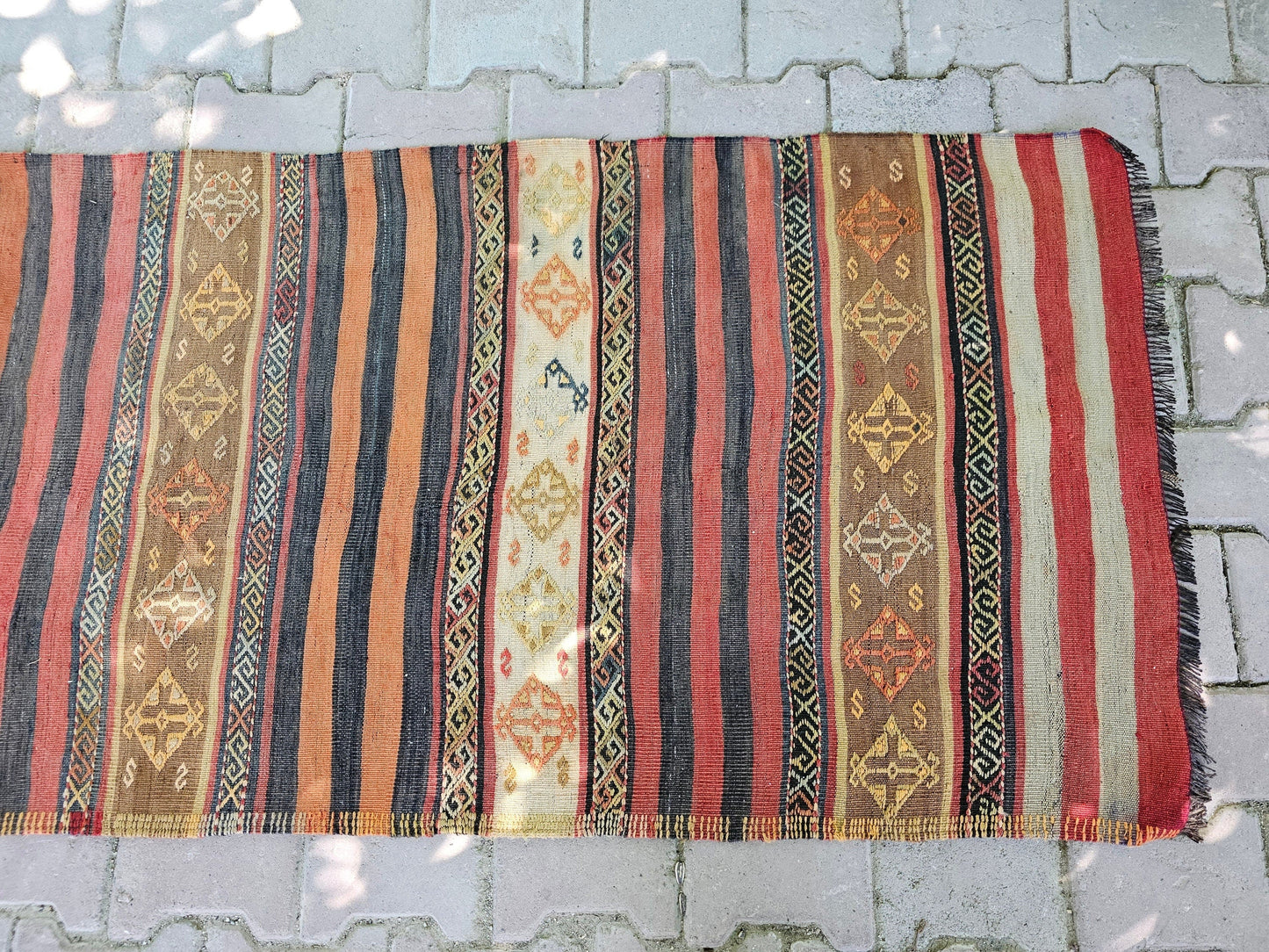 Vintage Turkish Wool Runner Rug: Striped Oushak Hallway Rug (3x13)