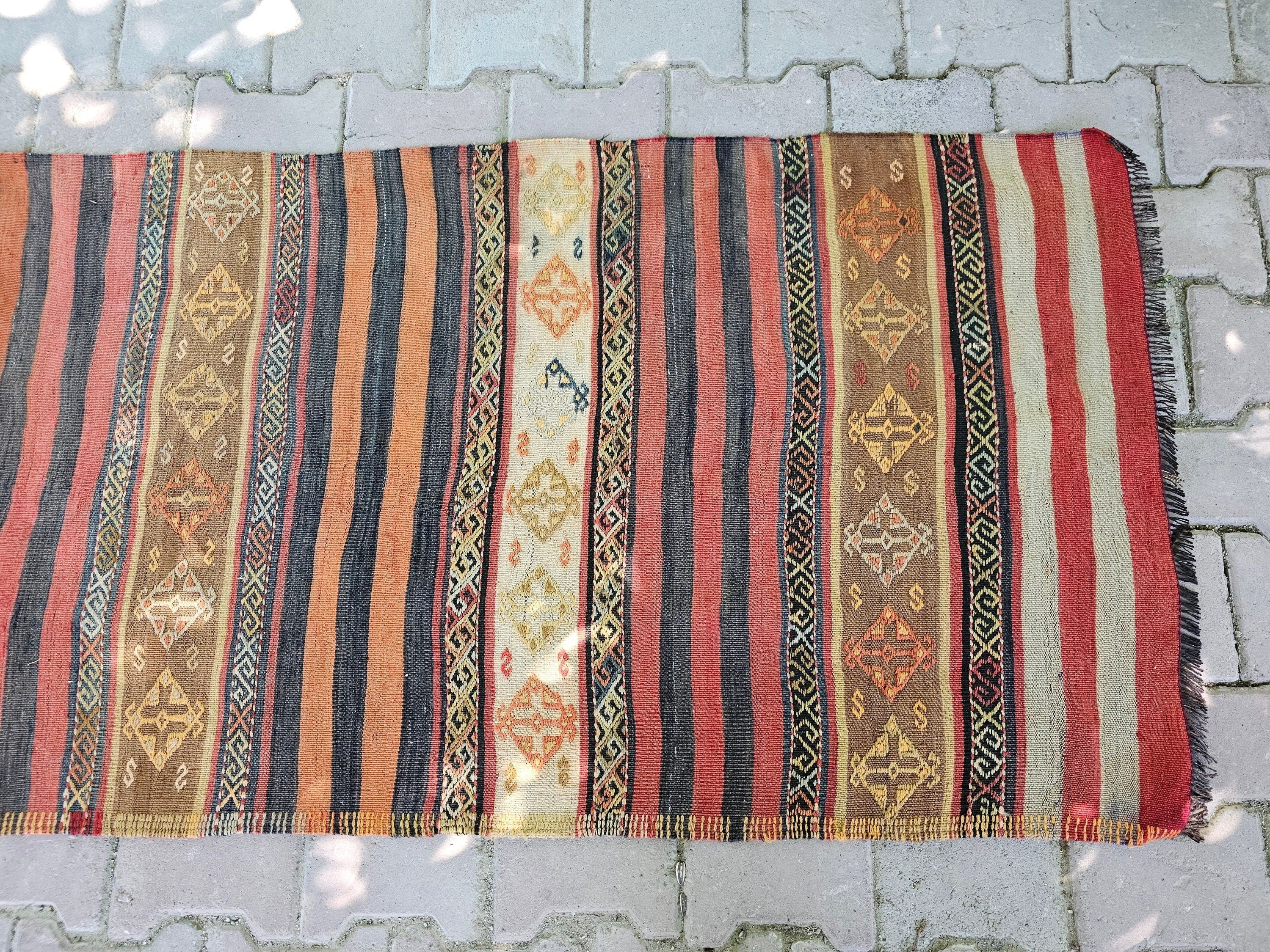 Vintage Turkish Wool Runner Rug: Striped Oushak Hallway Rug (3x13)