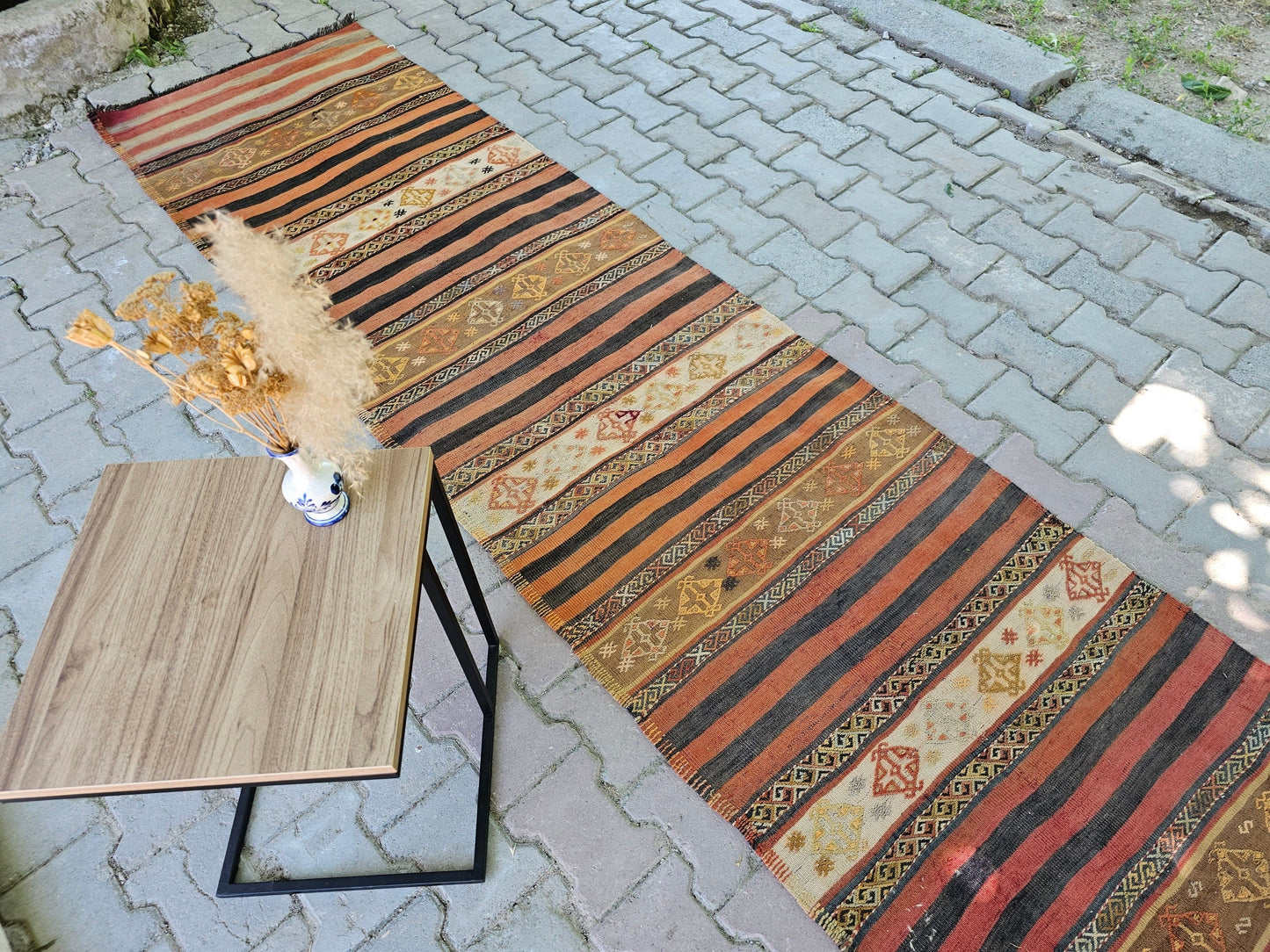 Vintage Turkish Wool Runner Rug: Striped Oushak Hallway Rug (3x13)