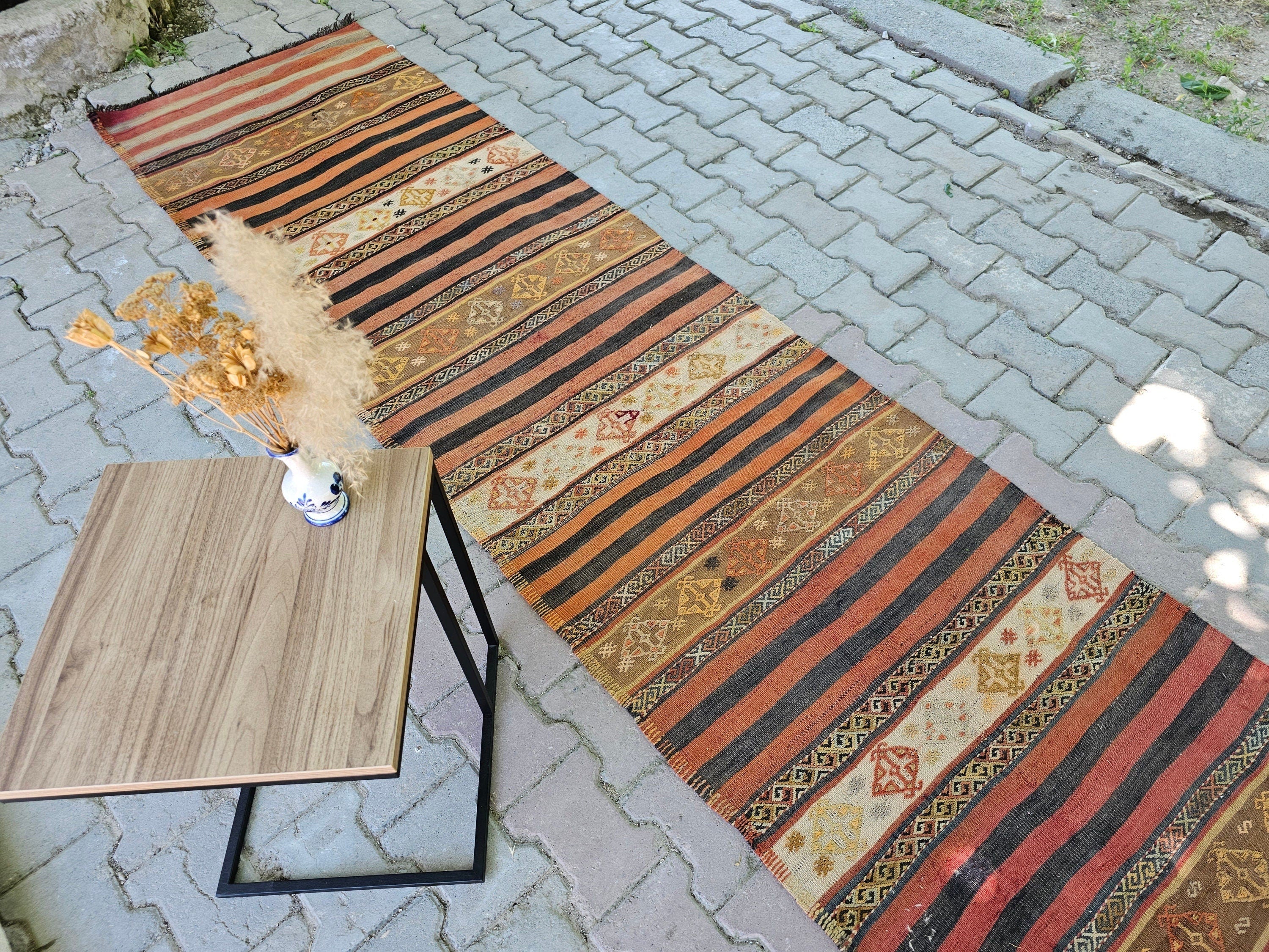 Vintage Turkish Wool Runner Rug: Striped Oushak Hallway Rug (3x13)