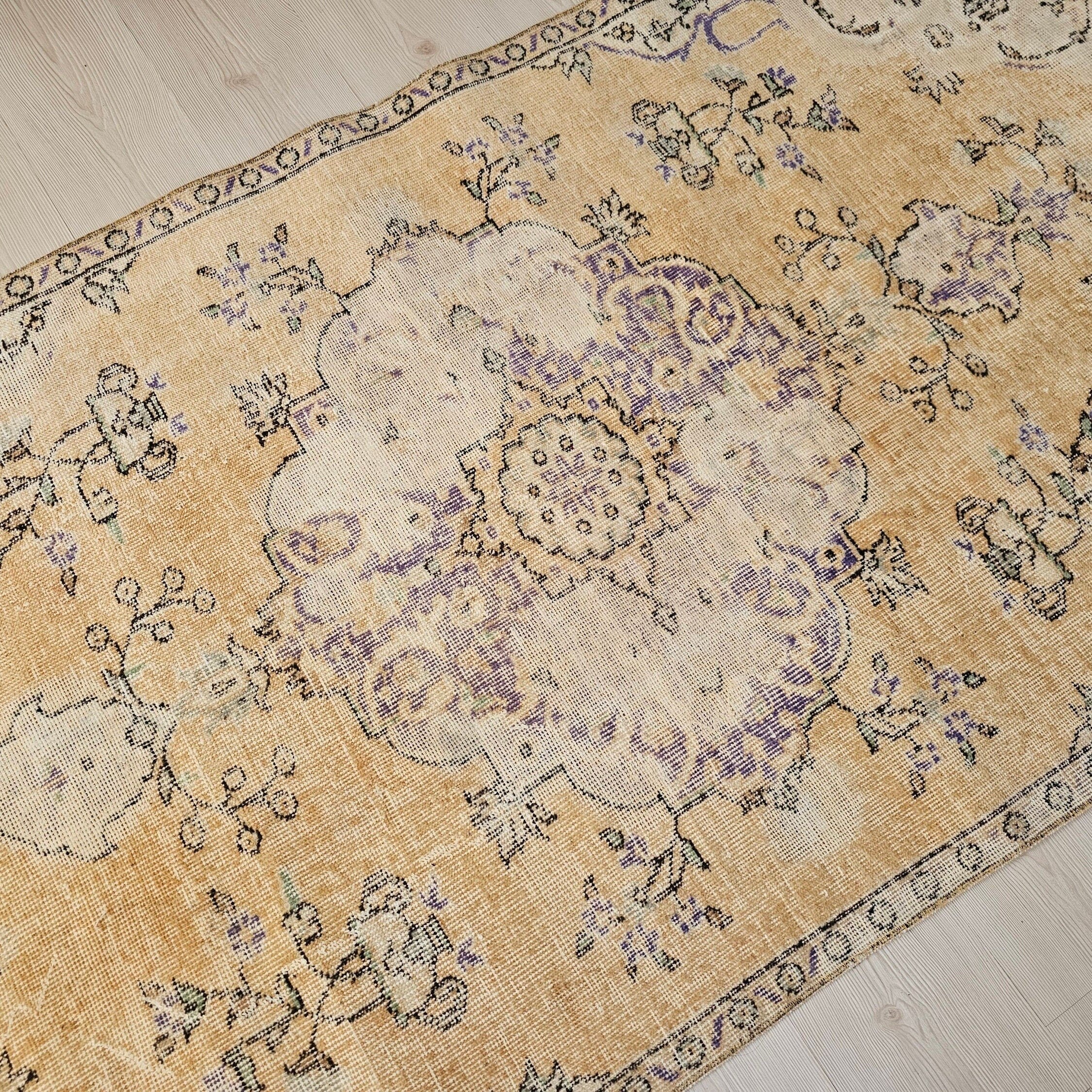 Handwoven Vintage Anatolian Rug - 3.74x7.21 ft (114x220 cm) Muted Floral Carpet
