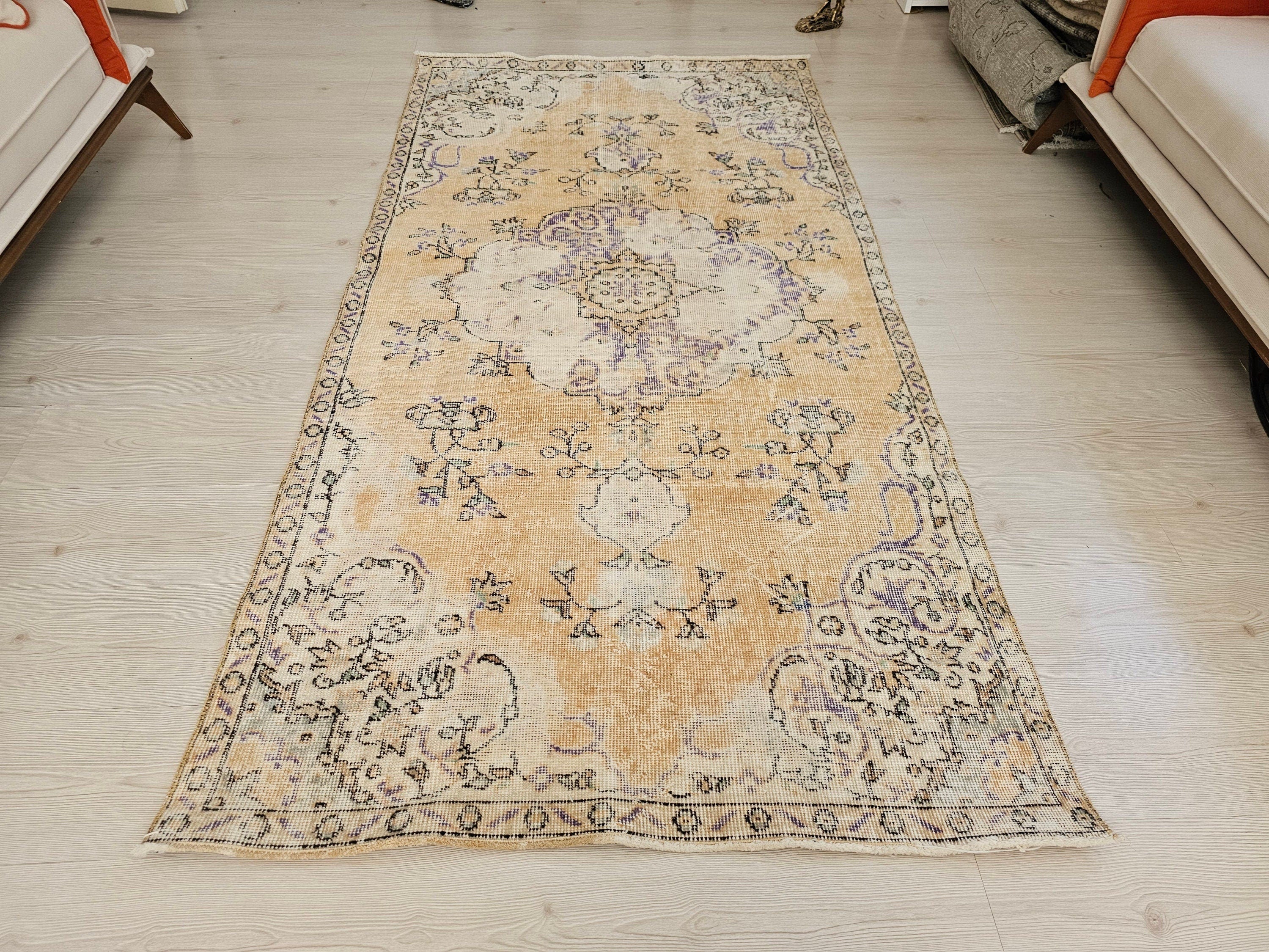 Handwoven Vintage Anatolian Rug - 3.74x7.21 ft (114x220 cm) Muted Floral Carpet