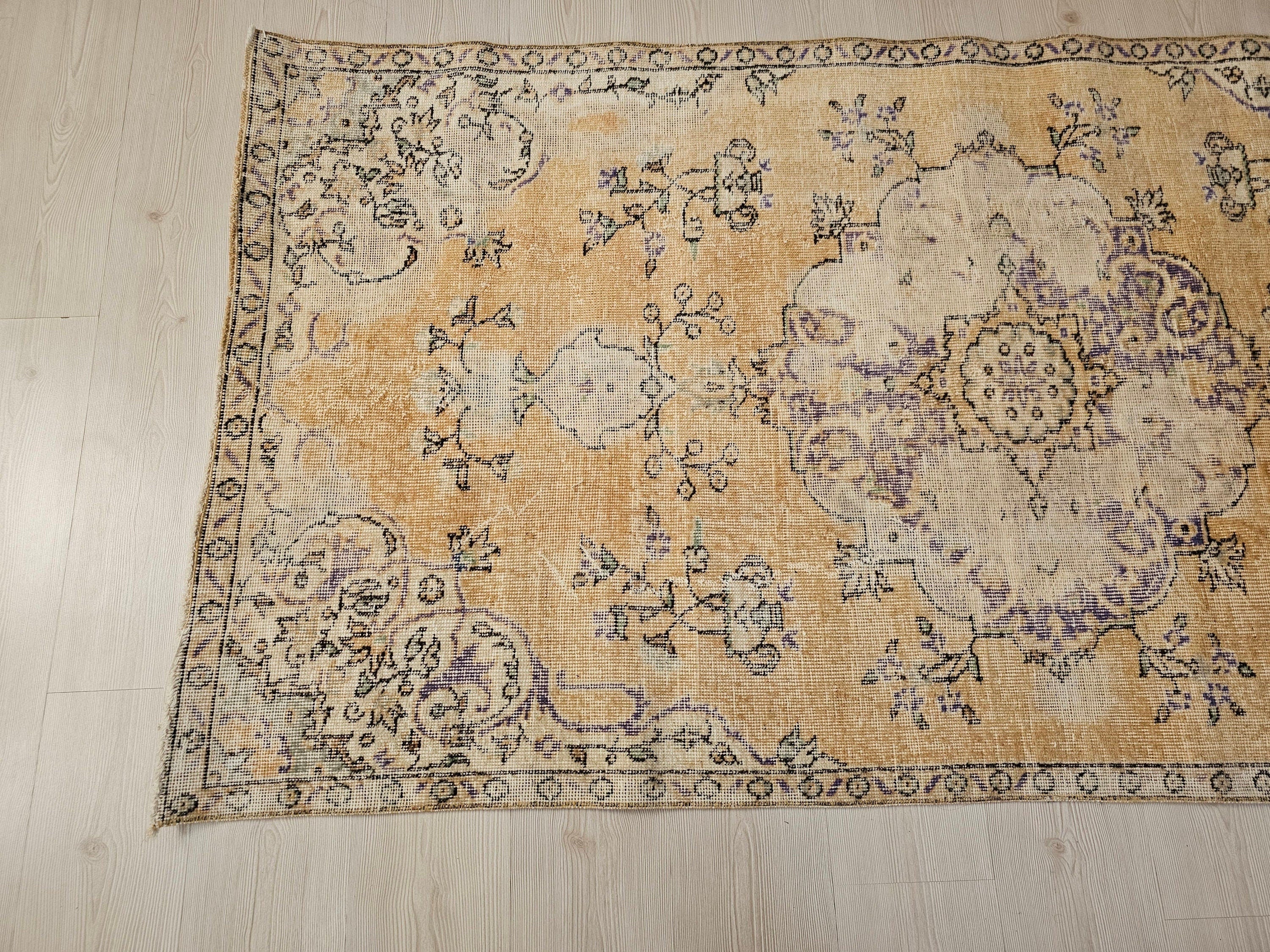 Handwoven Vintage Anatolian Rug - 3.74x7.21 ft (114x220 cm) Muted Floral Carpet