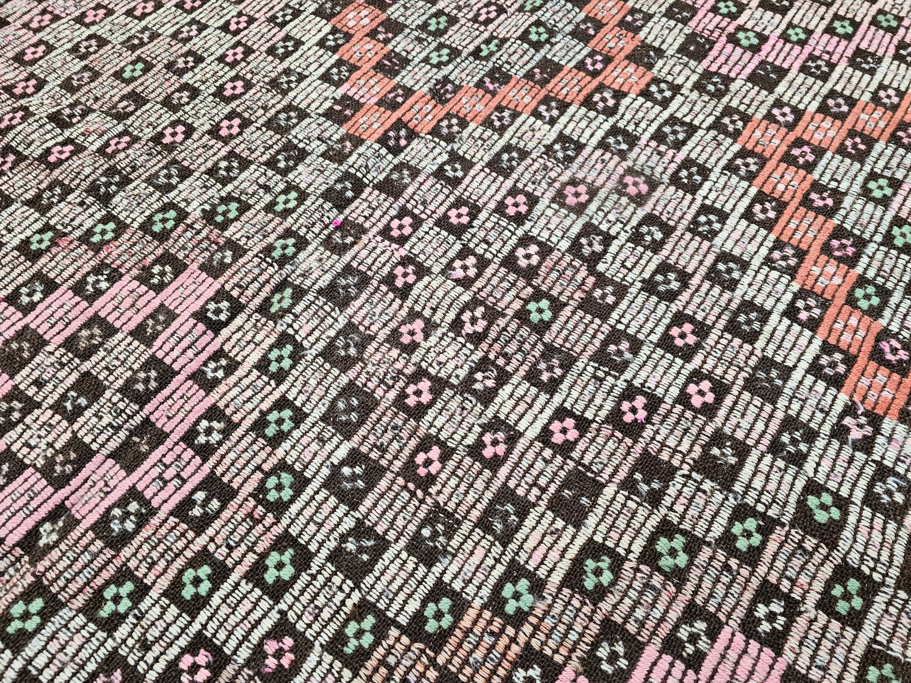 Handmade Wool Checkered Rug: 6x10.75 ft Vintage Eclectic Carpet